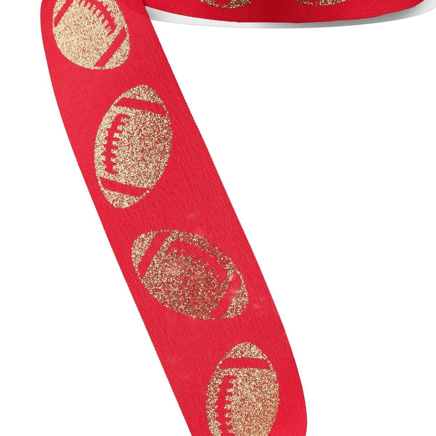 1.5" Glitter Football Ribbon: Red/Gold (100 Feet)