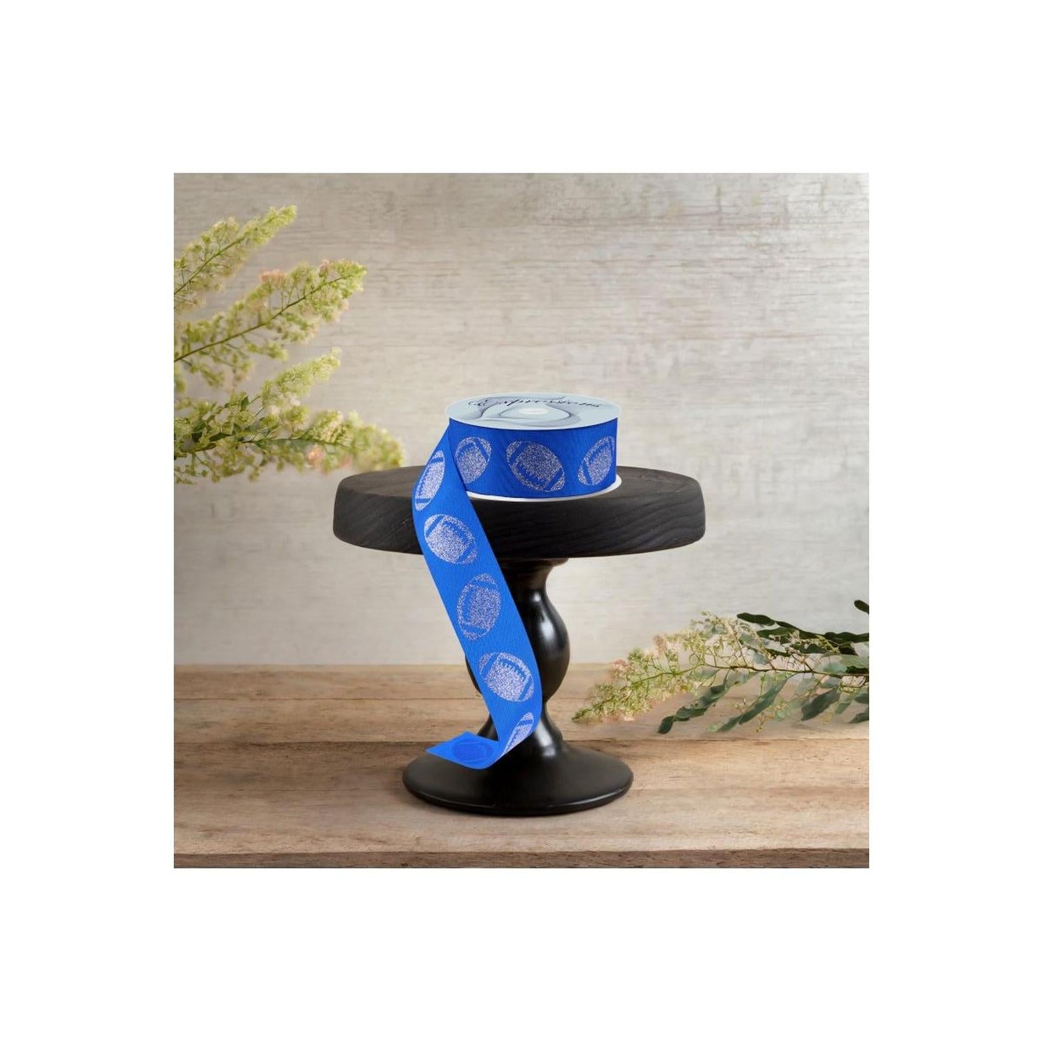 1.5" Glitter Football Ribbon: Royal Blue/Silver (100 Feet)