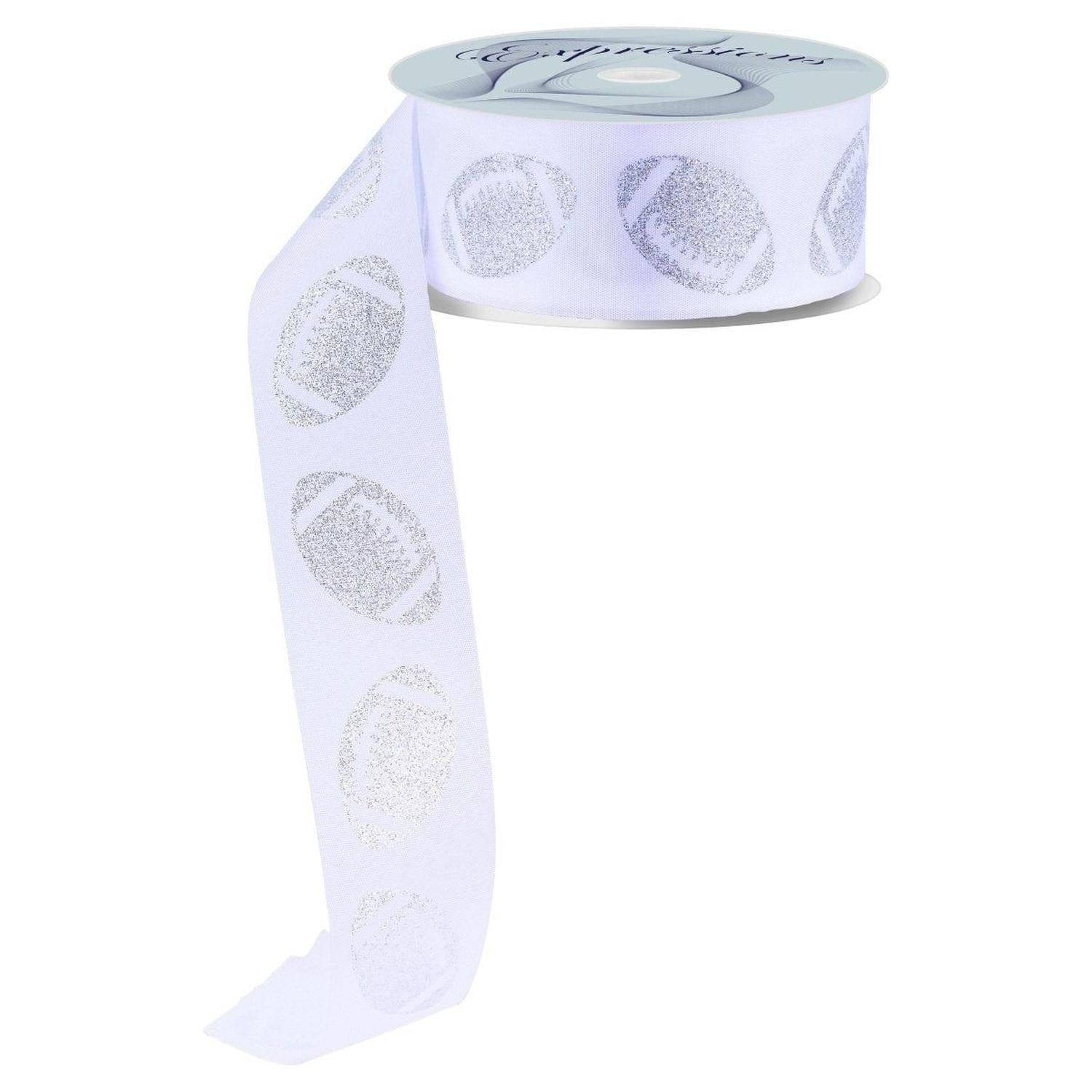 1.5" Glitter Football Ribbon: White/Silver (100 Feet)