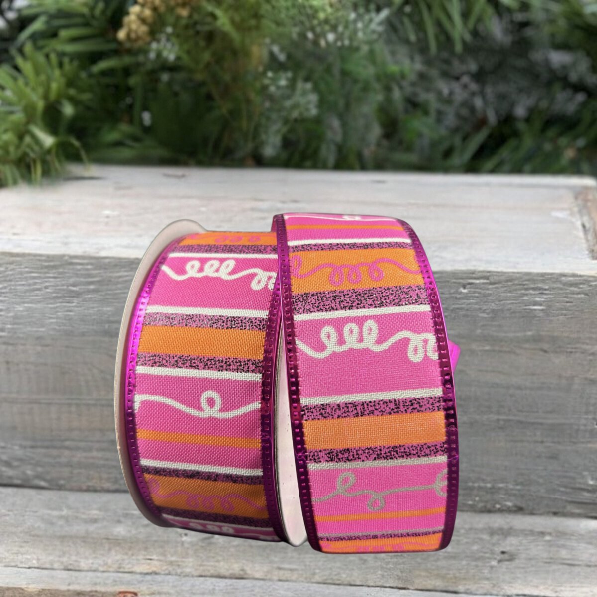 Shop For 1.5" Glitter Loopy Stripes Ribbon: Fuchsia, Orange, Black (10 Yards) at Michelle's aDOORable Creations