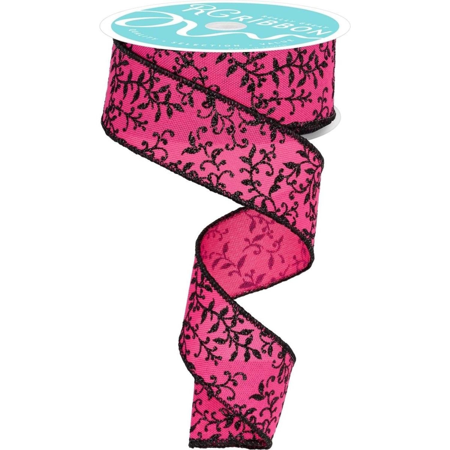 1.5" Glitter Mini Leaf Vines Ribbon: Pink/Black (10 Yards)