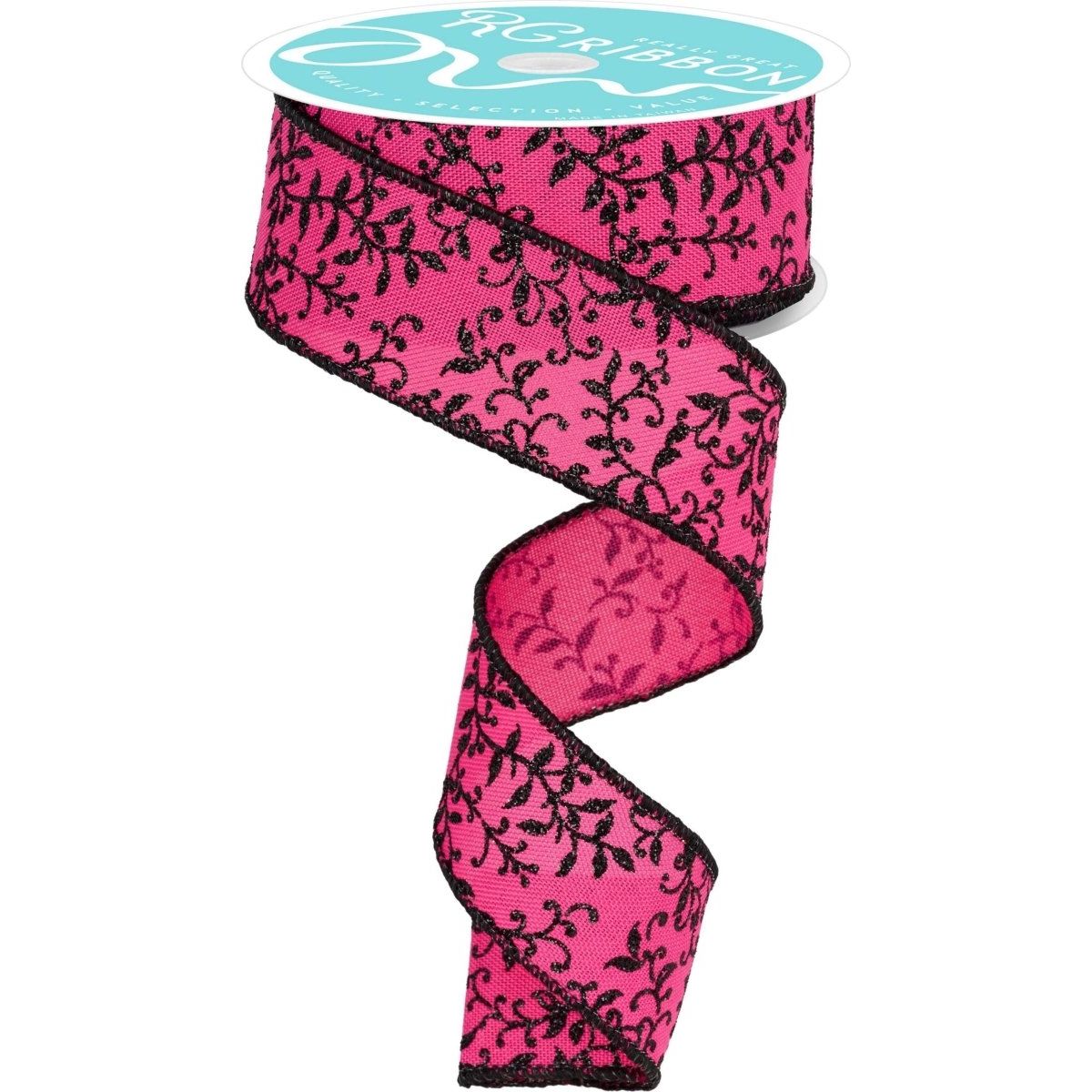 Shop For 1.5" Glitter Mini Leaf Vines Ribbon: Pink/Black (10 Yards)