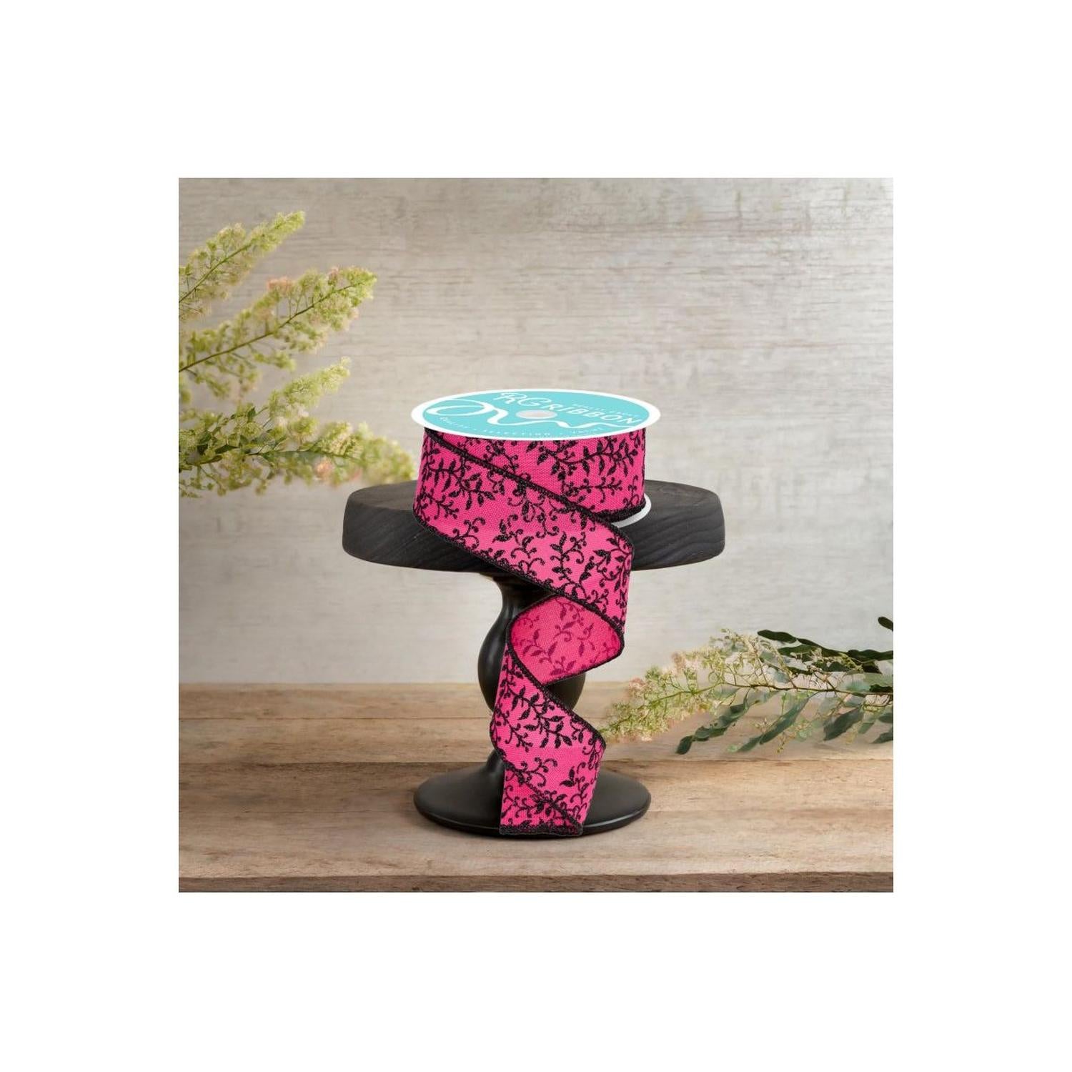 1.5" Glitter Mini Leaf Vines Ribbon: Pink/Black (10 Yards)