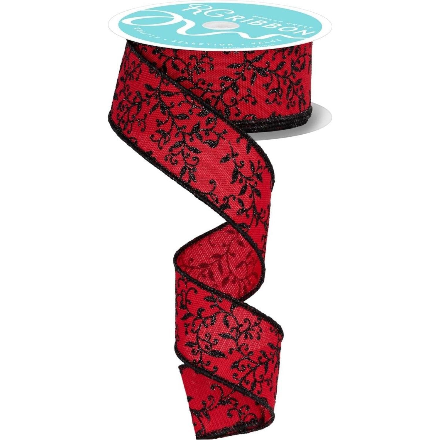Shop For 1.5" Glitter Mini Leaf Vines Ribbon: Red/Black (10 Yards)