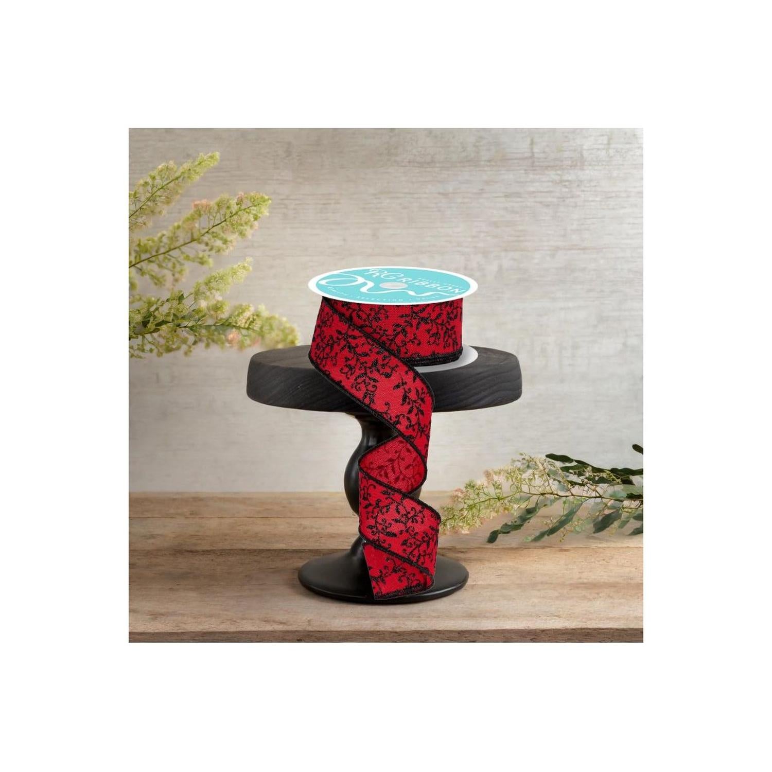 1.5" Glitter Mini Leaf Vines Ribbon: Red/Black (10 Yards)