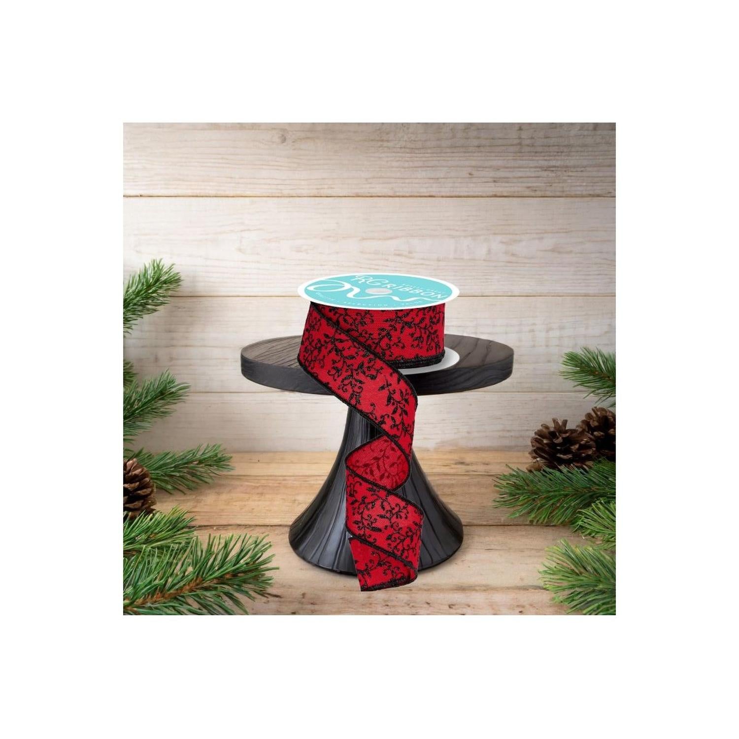 Shop For 1.5" Glitter Mini Leaf Vines Ribbon: Red/Black (10 Yards)
