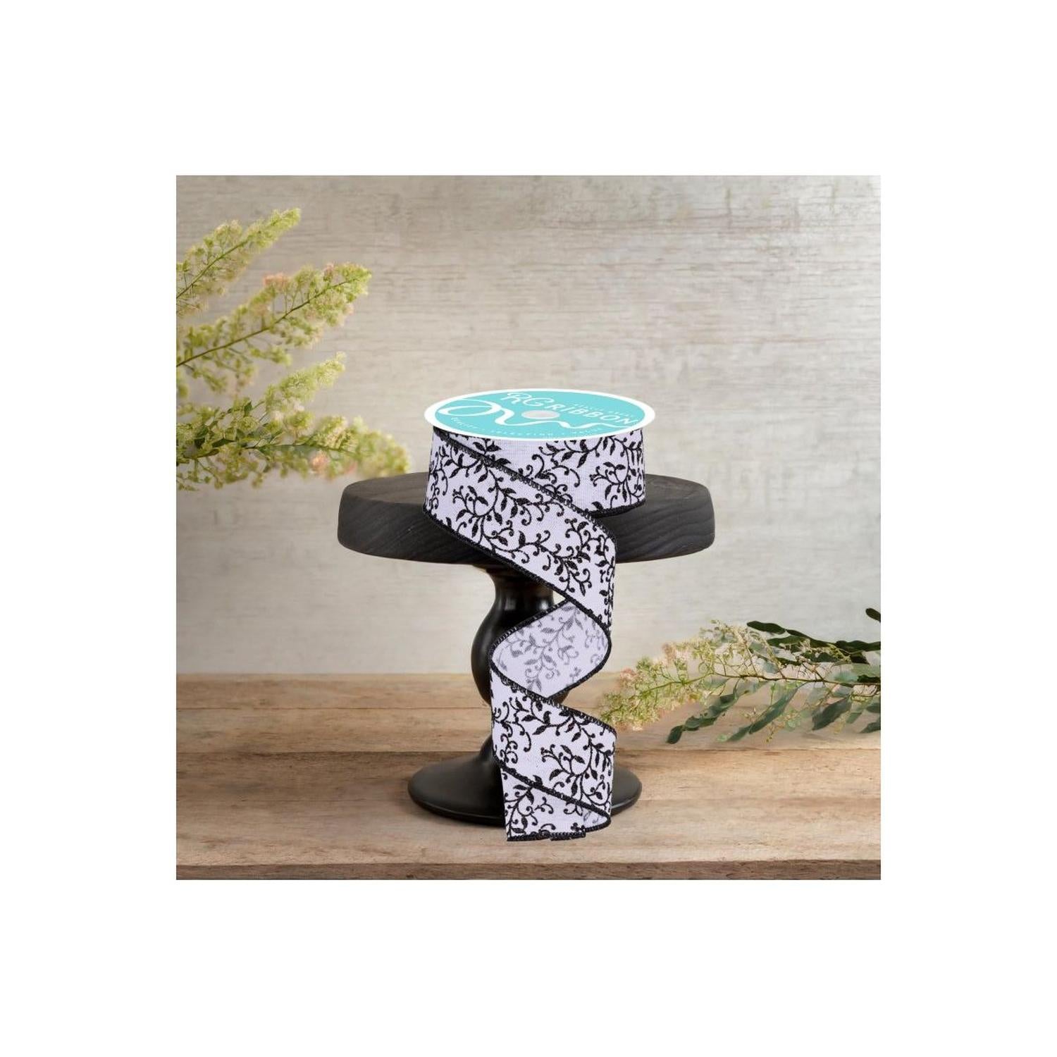 Shop For 1.5" Glitter Mini Leaf Vines Ribbon: White/Black (10 Yards)