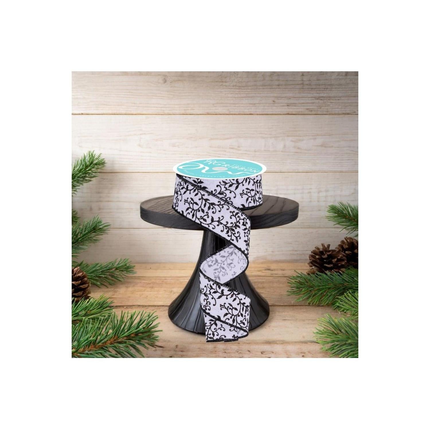 1.5" Glitter Mini Leaf Vines Ribbon: White/Black (10 Yards)