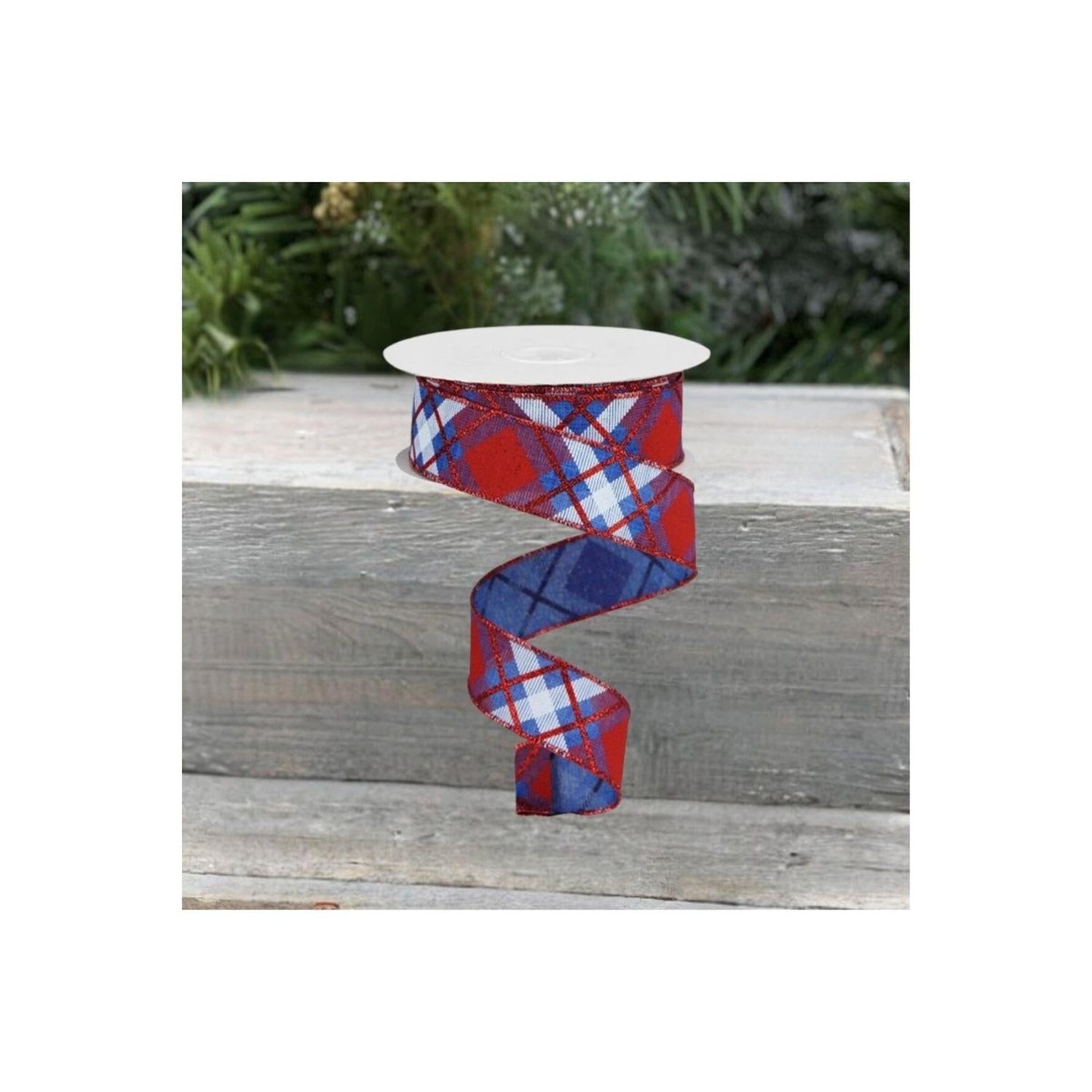 1.5" Glitter Plaid Royal Ribbon: Royal Blue, Red & White