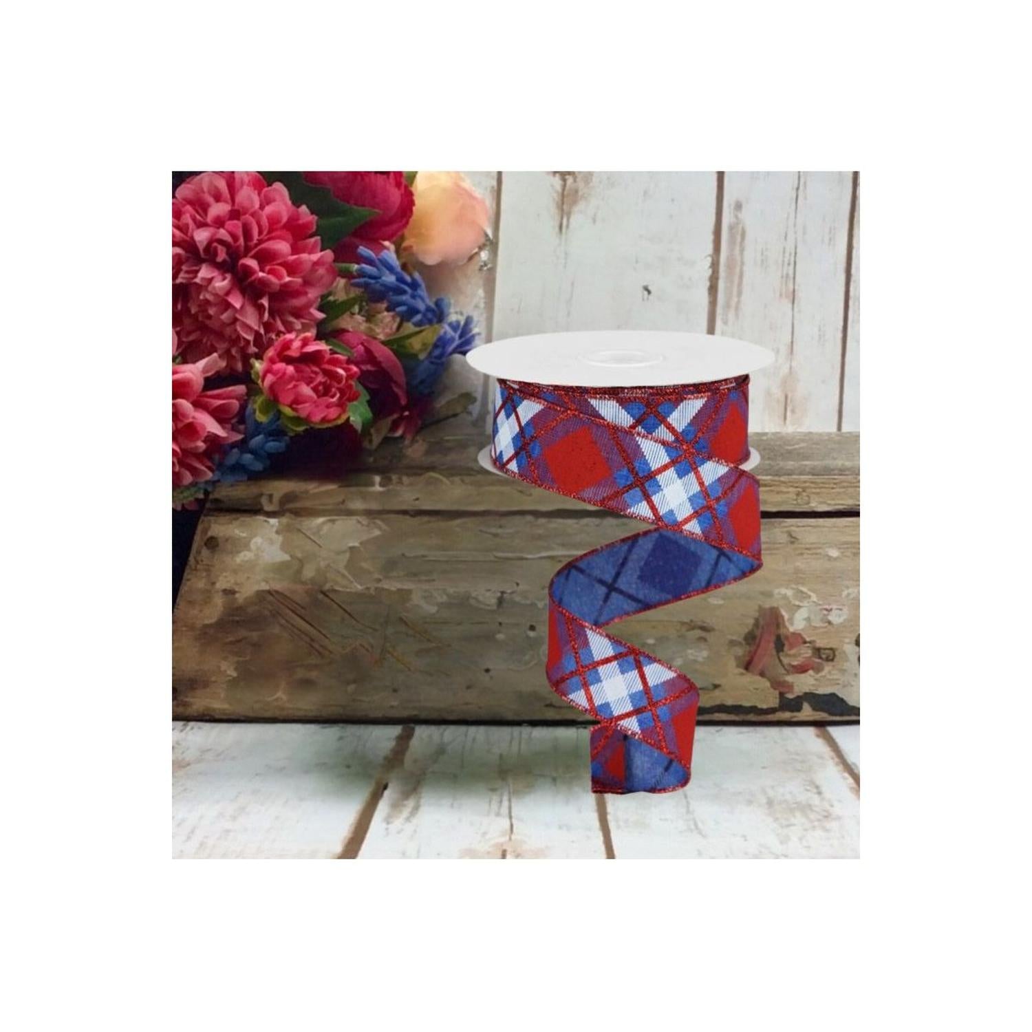 1.5" Glitter Plaid Royal Ribbon: Royal Blue, Red & White