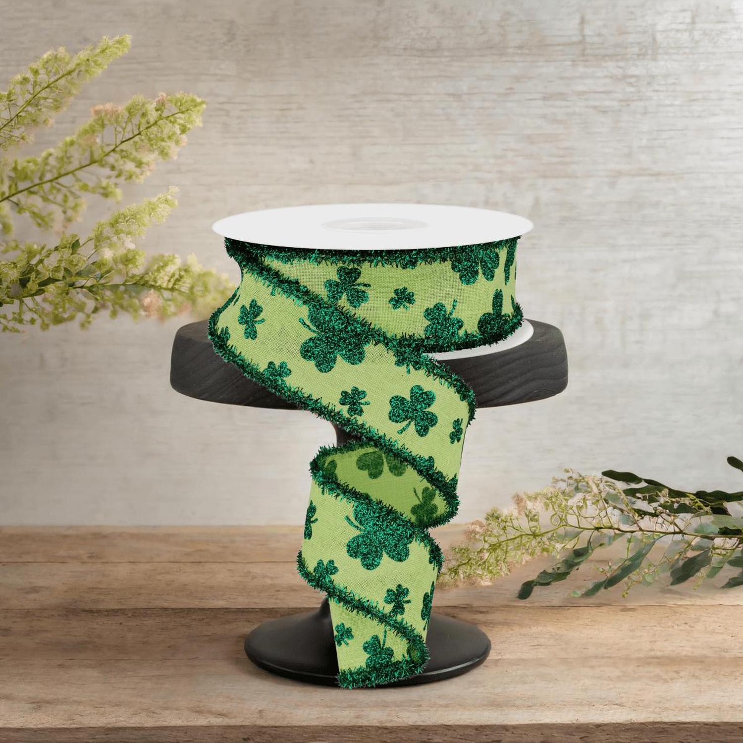 1.5" Glitter Shamrock Tinsel Ribbon: Bright Green (10 Yards)