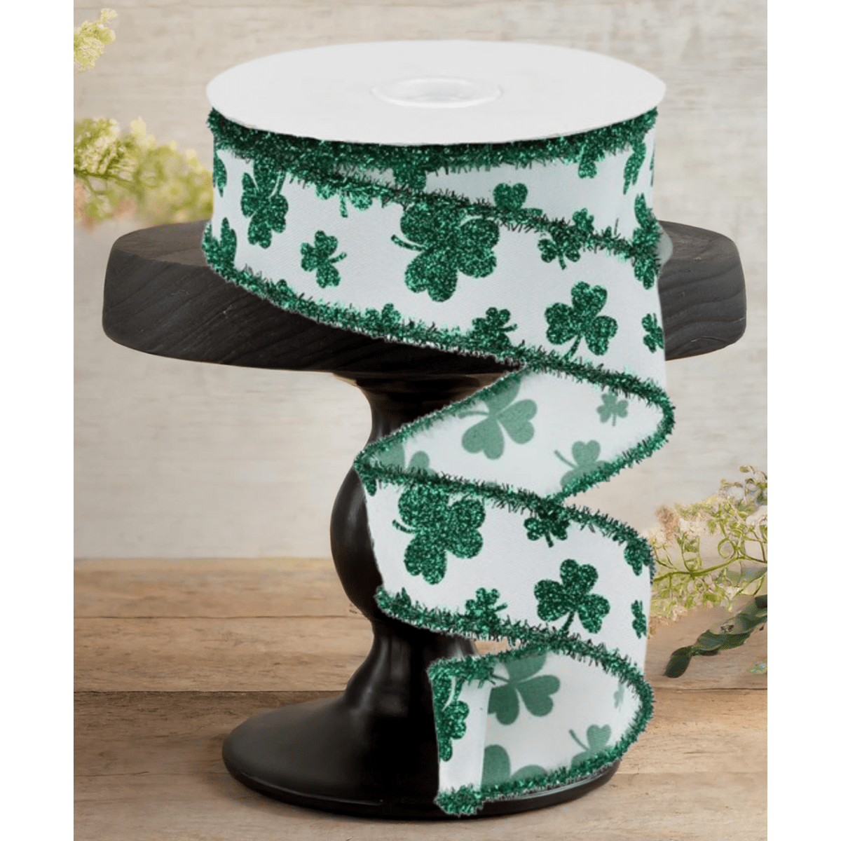 Shop For 1.5" Glitter Shamrock Tinsel Ribbon: White (10 Yards)