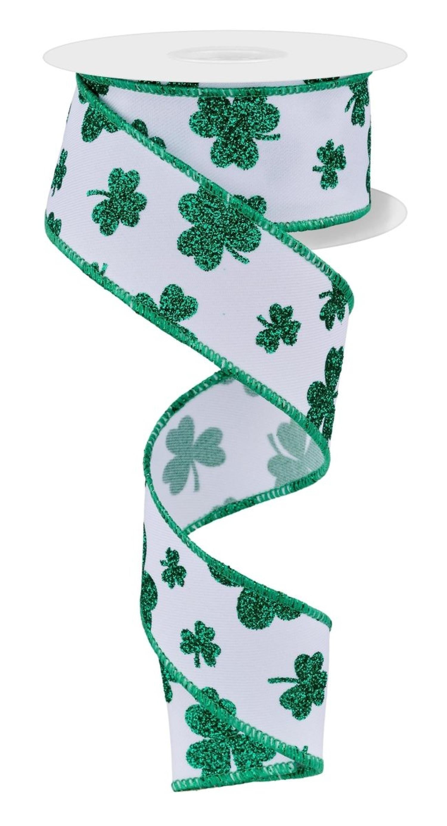 1.5" Glitter Shamrocks Ribbon: White (10 Yards)
