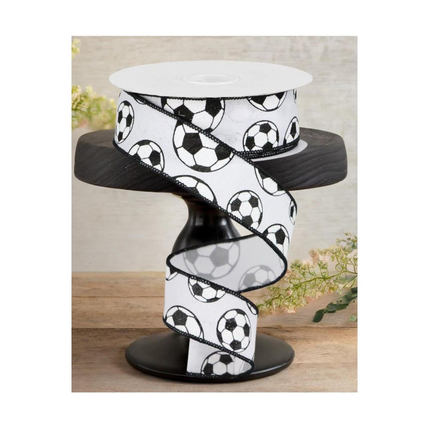 1.5" Glitter Soccer Ball Ribbon: White (10 Yards)