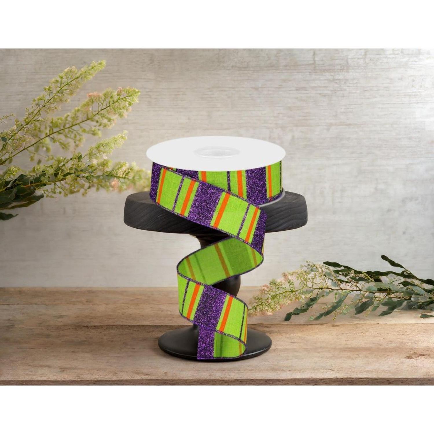 Shop For 1.5" Glitter Stripes on Royal Ribbon: Lime Green, Purple & Orange (10 Yards) at Michelle's aDOORable Creations
