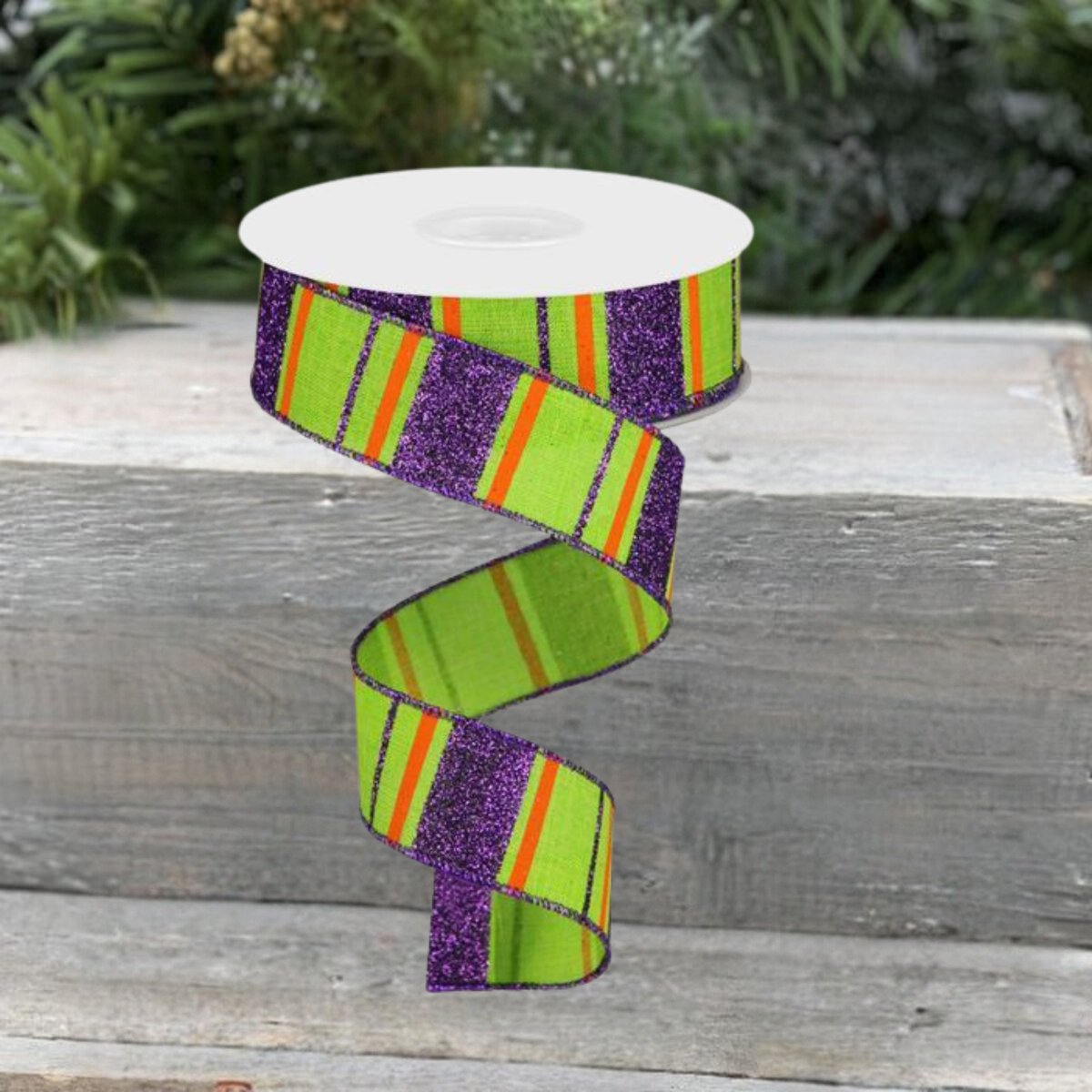 Shop For 1.5" Glitter Stripes on Royal Ribbon: Lime Green, Purple & Orange (10 Yards) at Michelle's aDOORable Creations