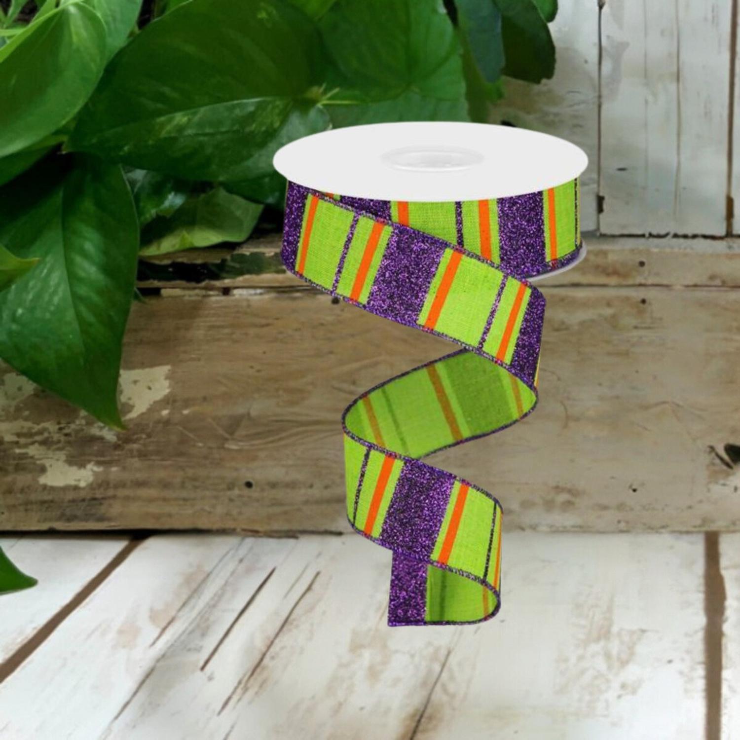 Shop For 1.5" Glitter Stripes on Royal Ribbon: Lime Green, Purple & Orange (10 Yards) at Michelle's aDOORable Creations