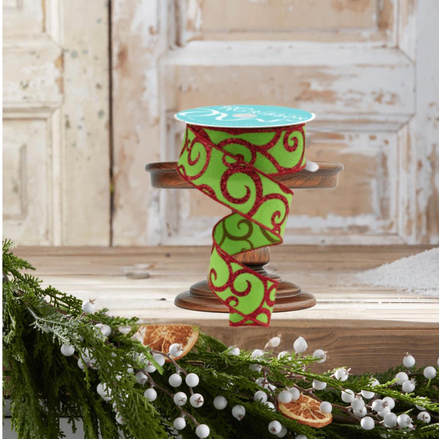 1.5" Glitter Swirl Ribbon: Green/Red (10 Yards)