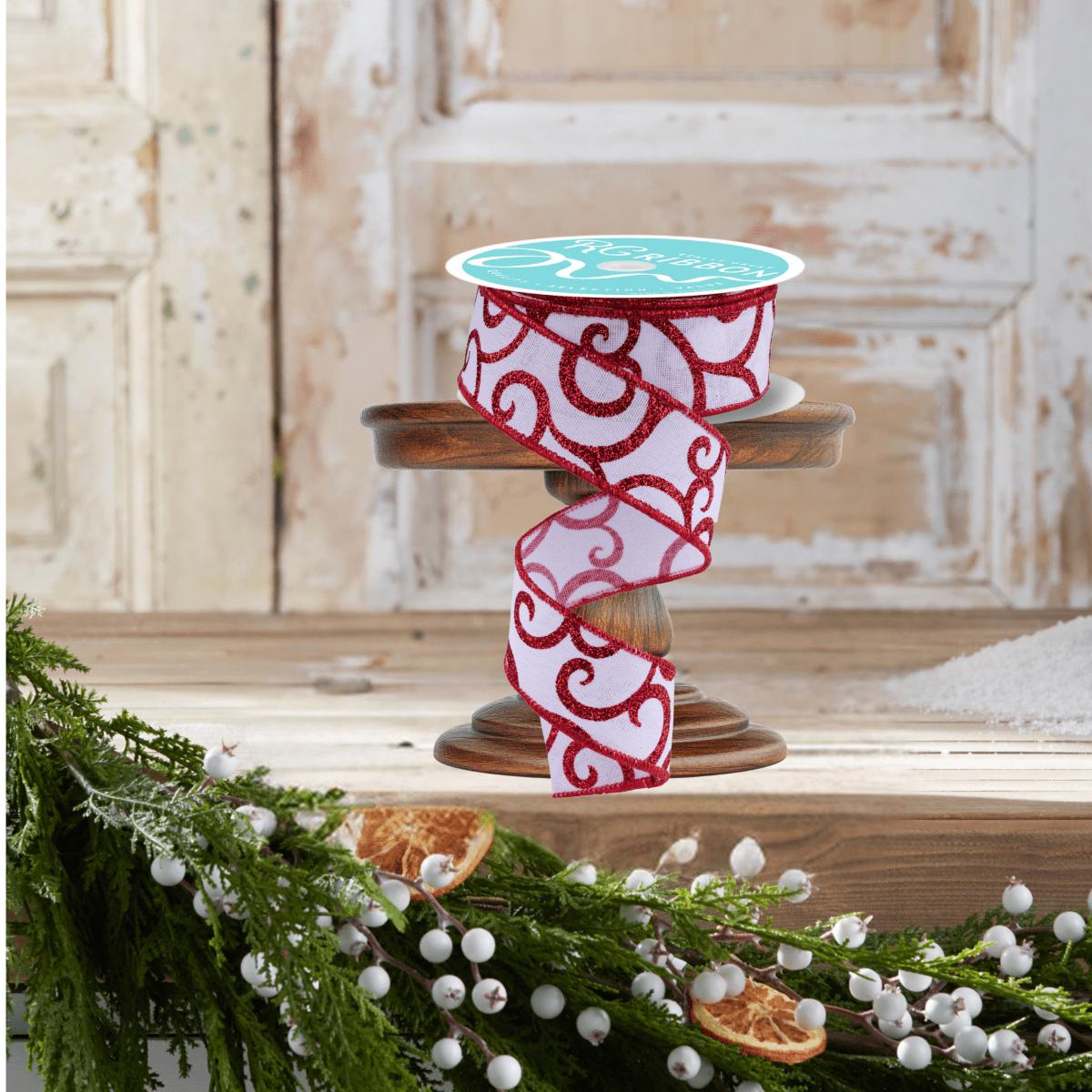 Shop For 1.5" Glitter Swirl Ribbon: White/Red (10 Yards)