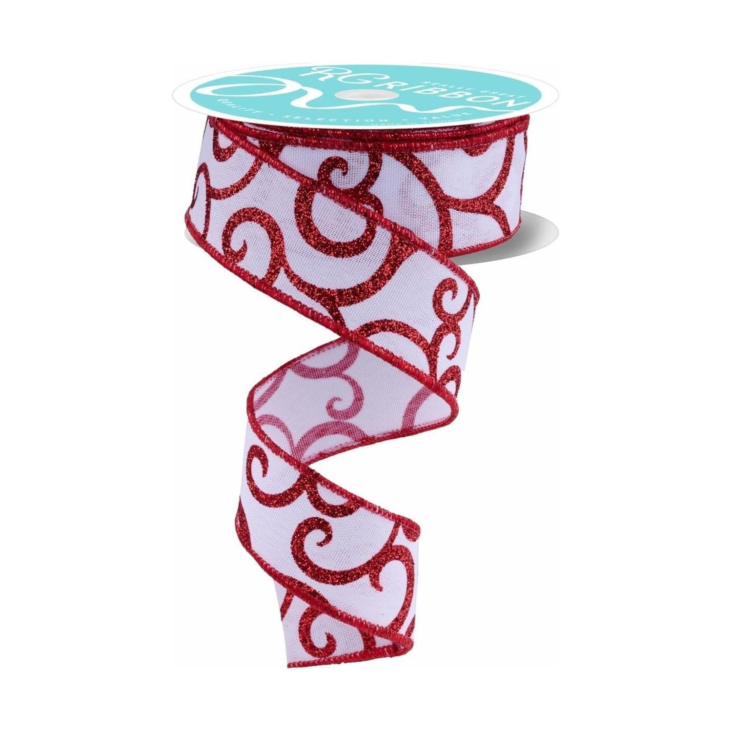 1.5" Glitter Swirl Ribbon: White/Red (10 Yards)