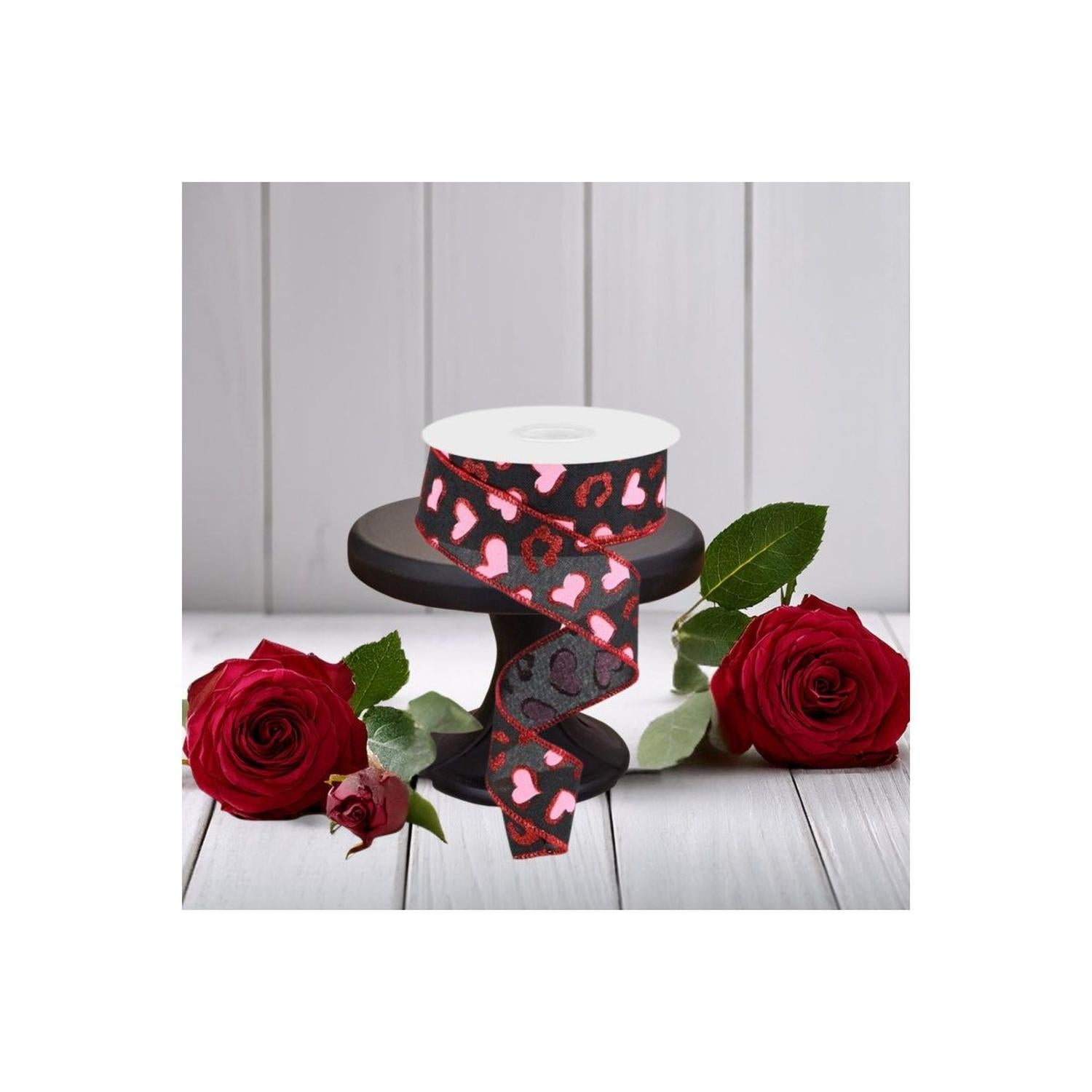 1.5" Heart Leopard Spots Ribbon: Black (10 Yard)