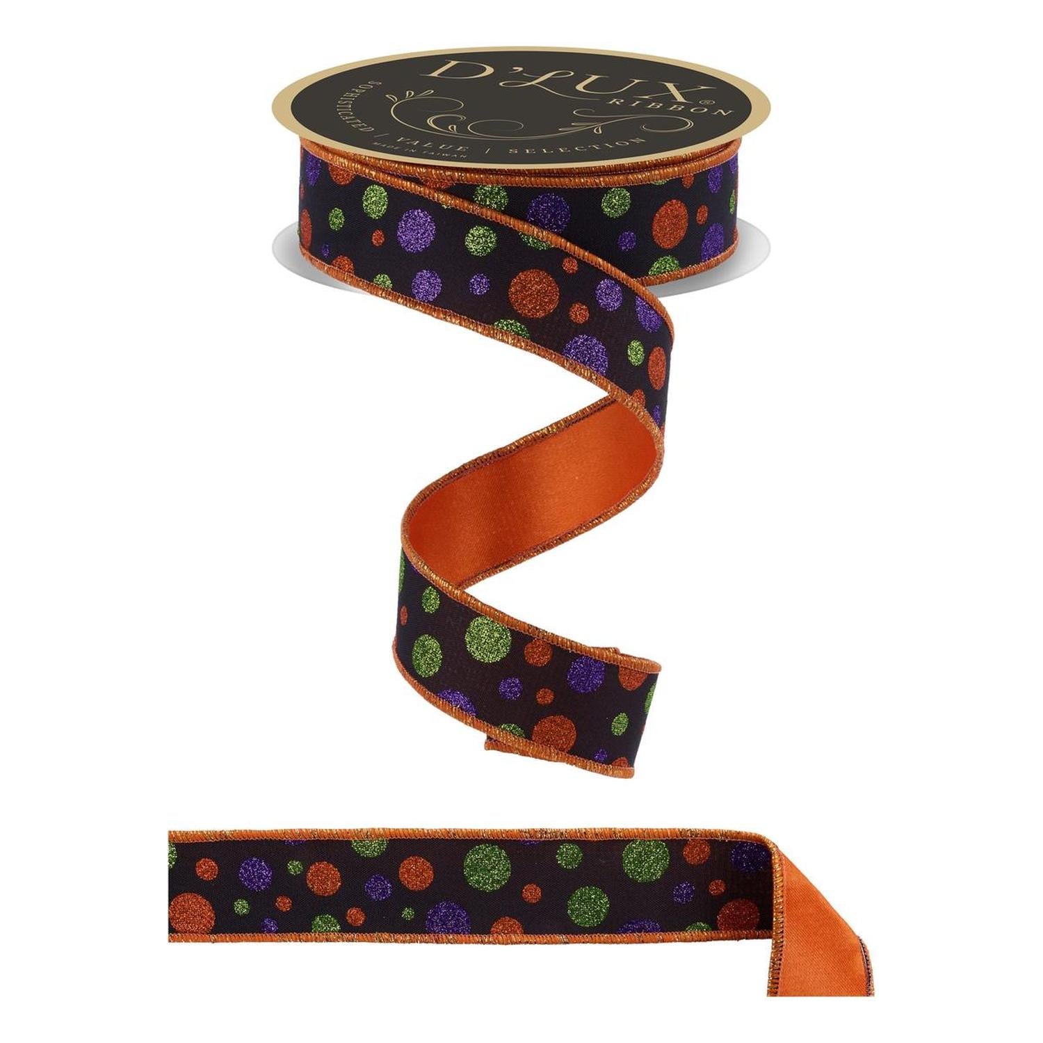 1.5 in Glitter Polka Dot Fused Ribbon: Black/Orange/Purple (10 Yards)