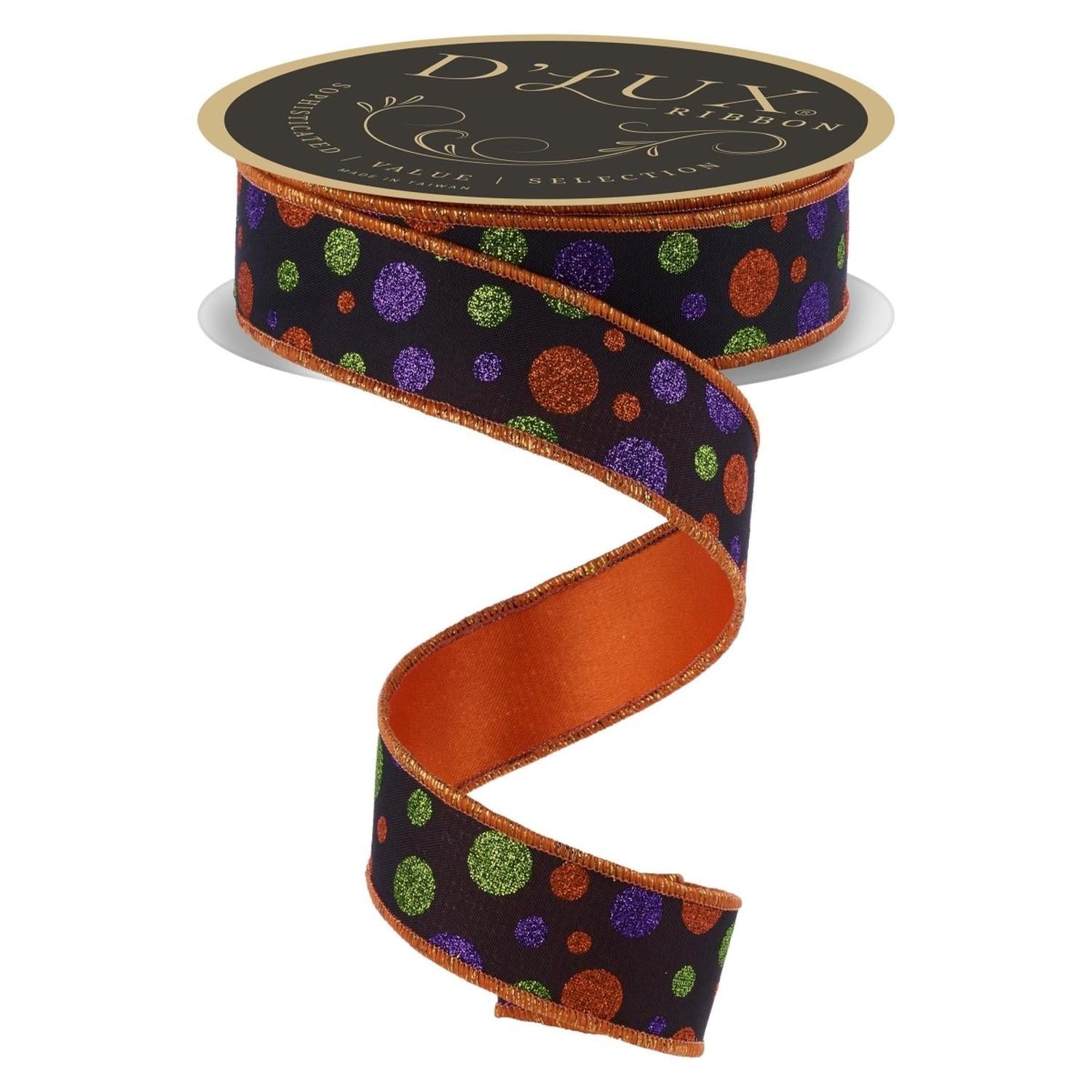 1.5 in Glitter Polka Dot Fused Ribbon: Black/Orange/Purple (10 Yards)