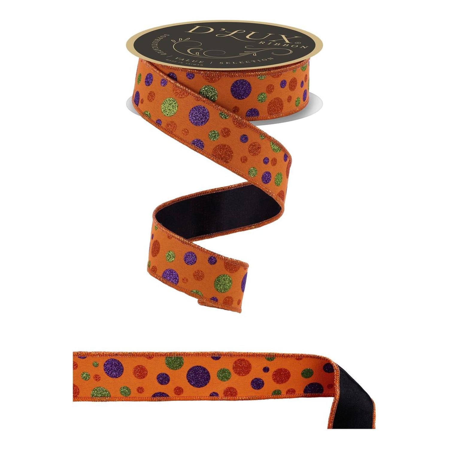 1.5 in Glitter Polka Dot Fused Ribbon: Orange/Lime/Purple (10 Yards)
