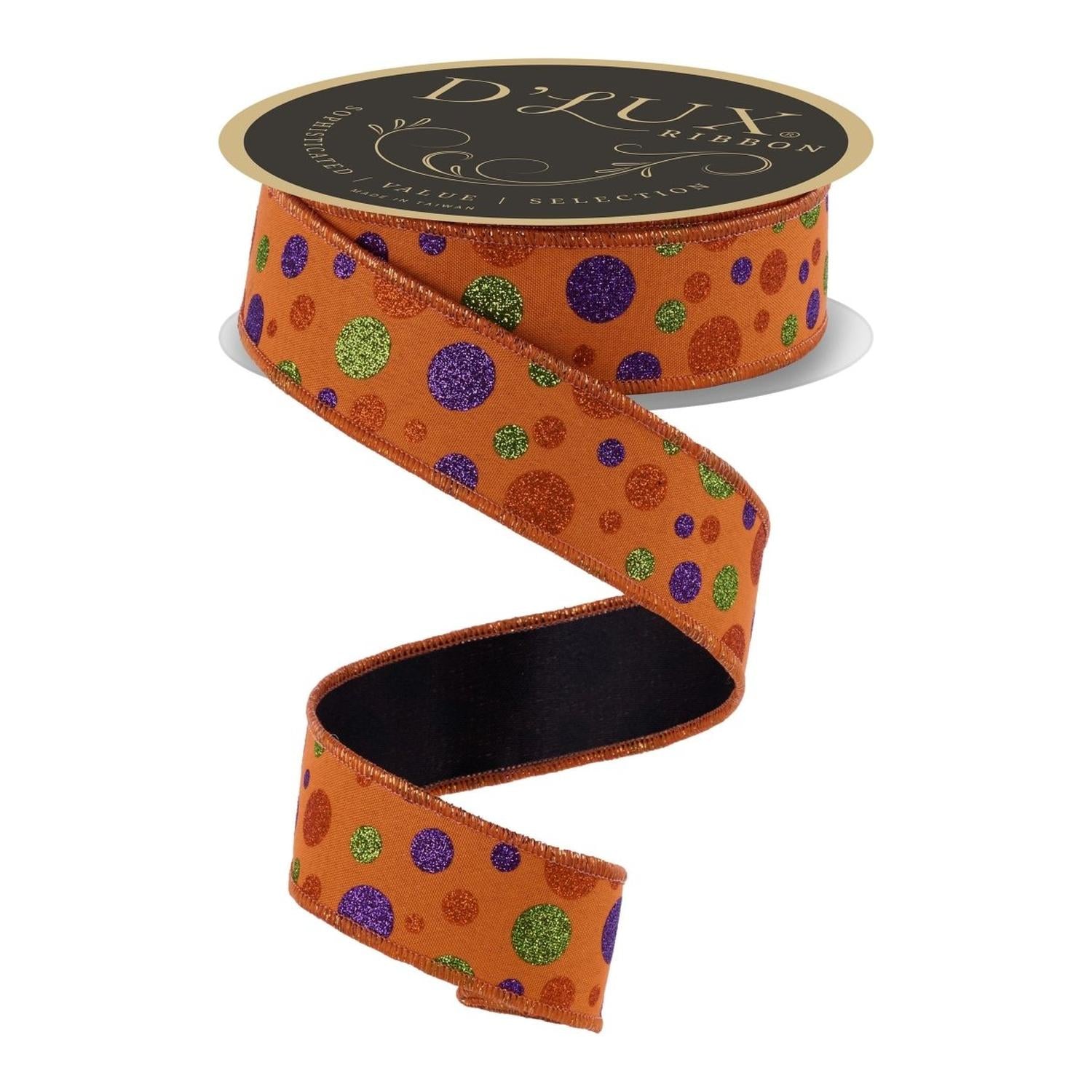 1.5 in Glitter Polka Dot Fused Ribbon: Orange/Lime/Purple (10 Yards)