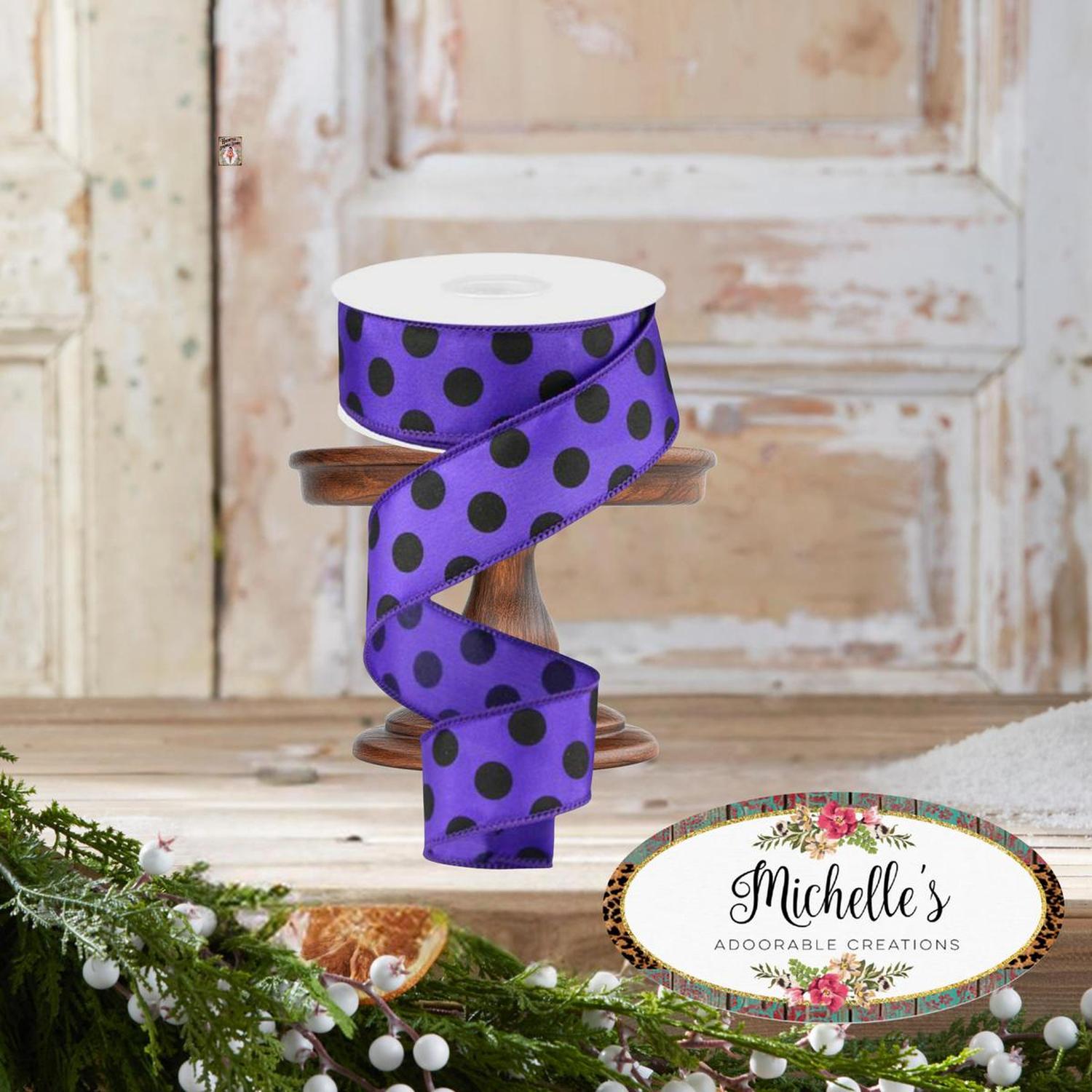 1.5" Large Polka Dot Ribbon: Purple & Black (10 Yards)