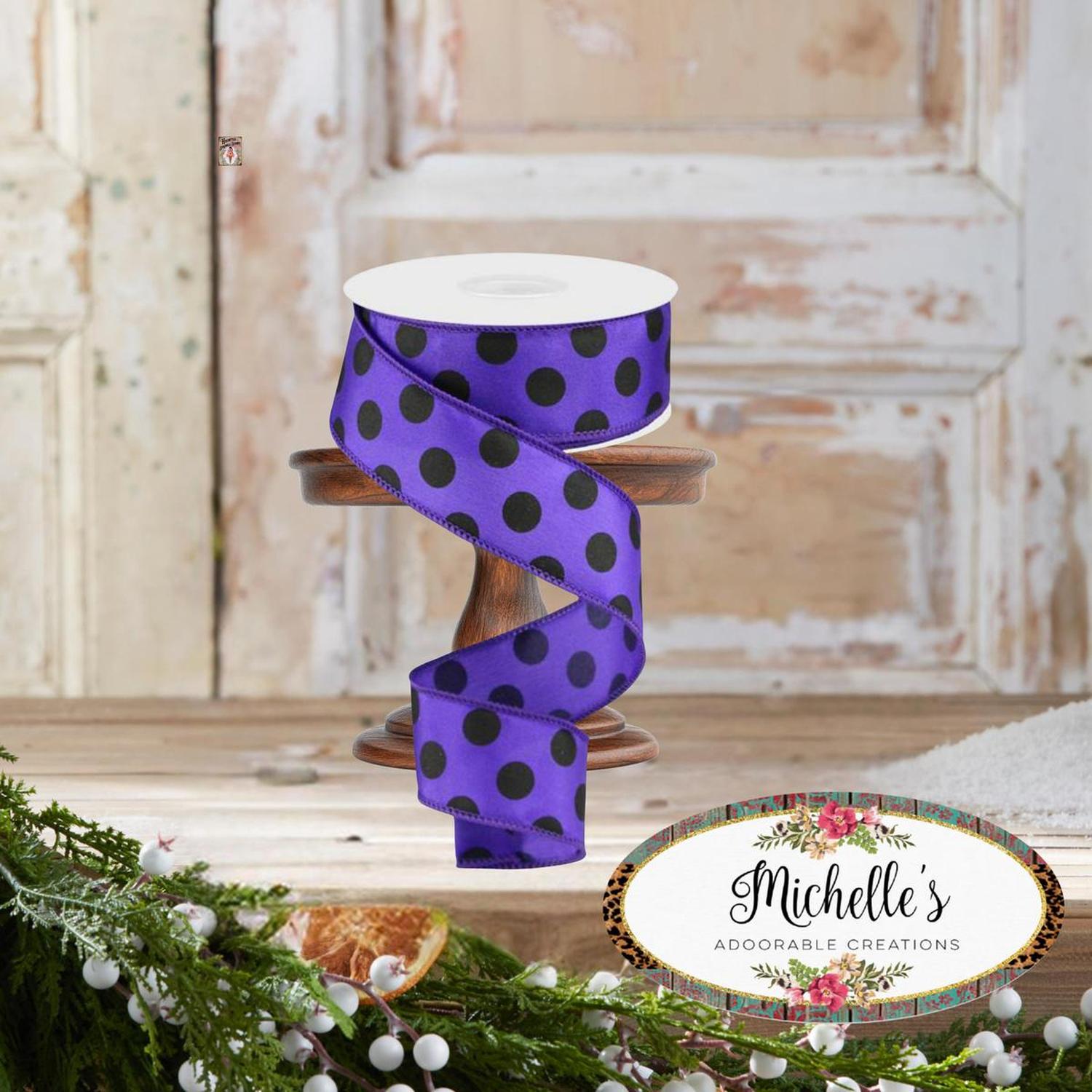 1.5" Large Polka Dot Ribbon: Purple & Black (10 Yards)
