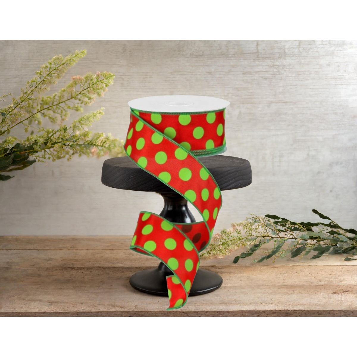 Shop For 1.5" Large Polka Dot Ribbon: Red & Lime Green (10 Yards) at Michelle's aDOORable Creations