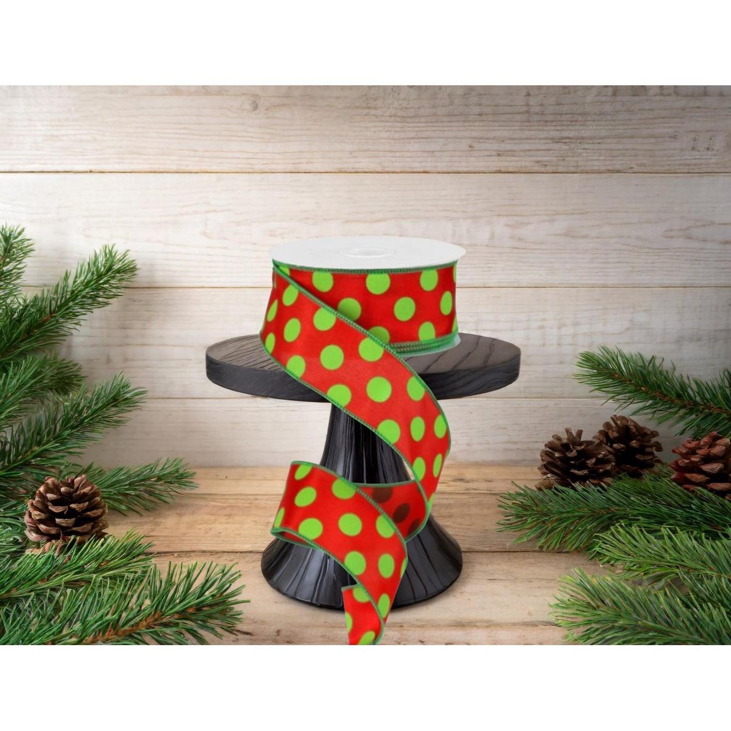 1.5" Large Polka Dot Ribbon: Red & Lime Green (10 Yards)