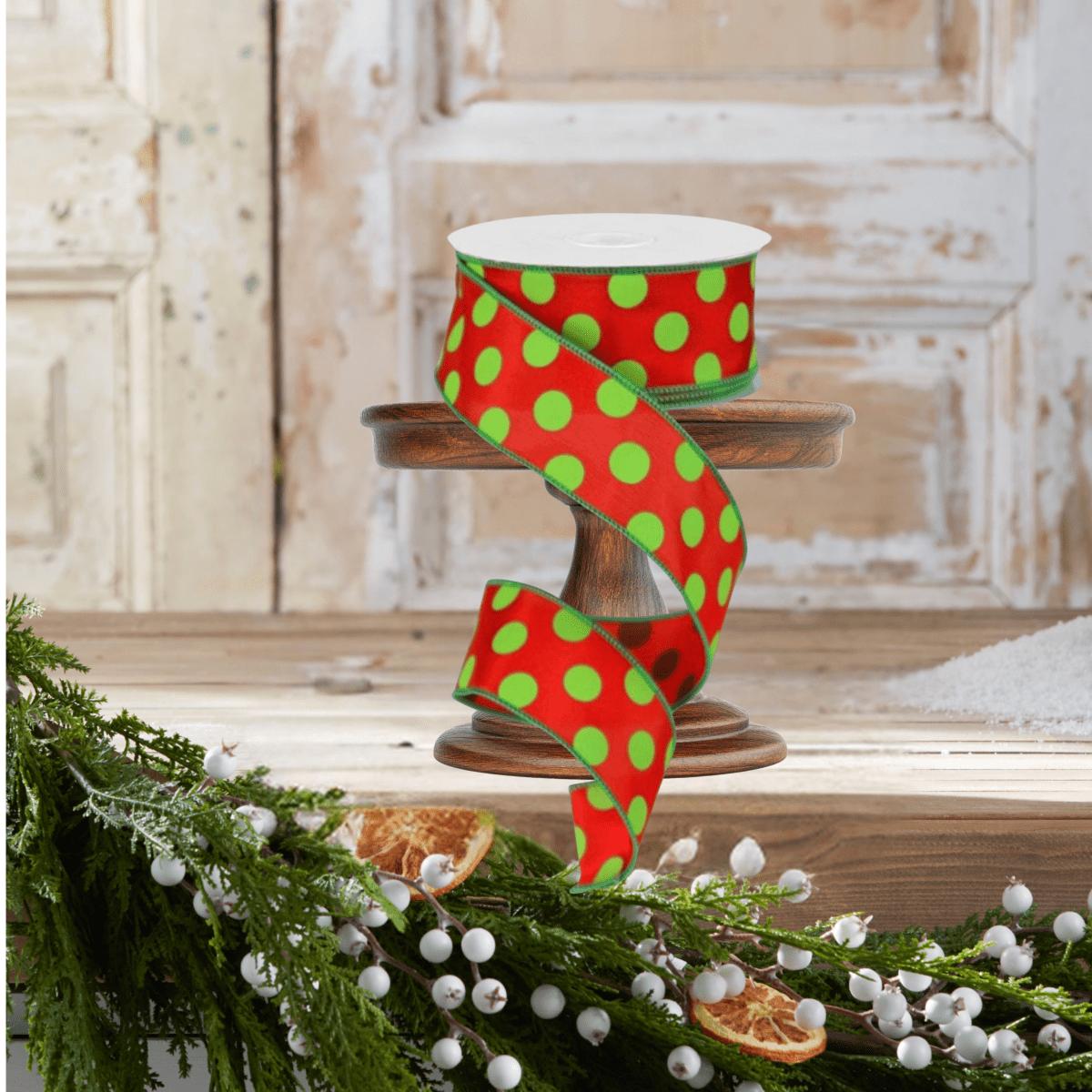 Shop For 1.5" Large Polka Dot Ribbon: Red & Lime Green (10 Yards)