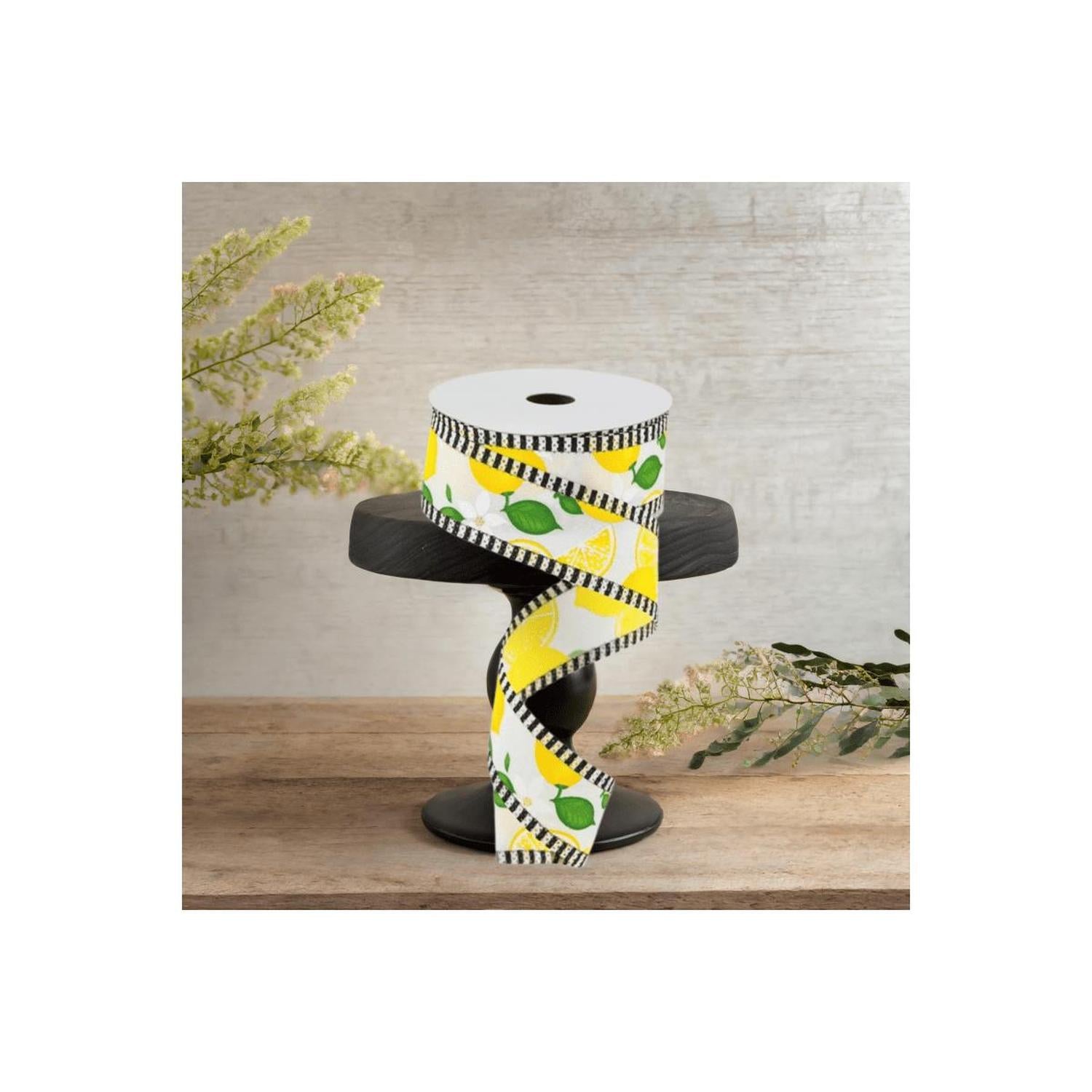 1.5" Lemon Thin Stripes Ribbon: White (10 Yards)