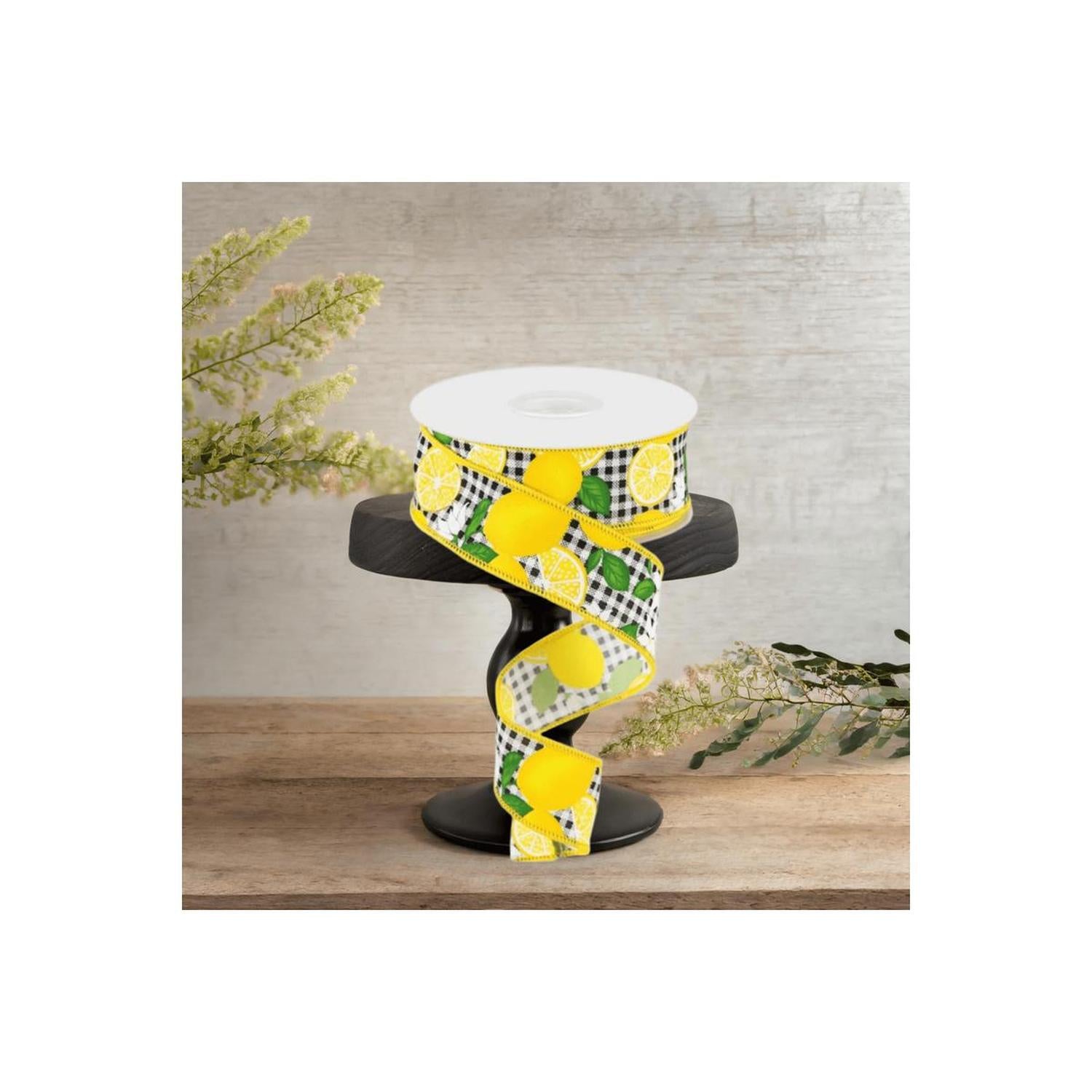 1.5" Lemon with Leaves Check Ribbon: Black & White (10 Yards)