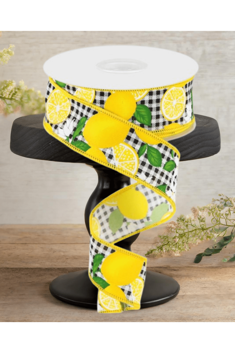 Shop For 1.5" Lemon with Leaves Check Ribbon: Black & White (10 Yards)