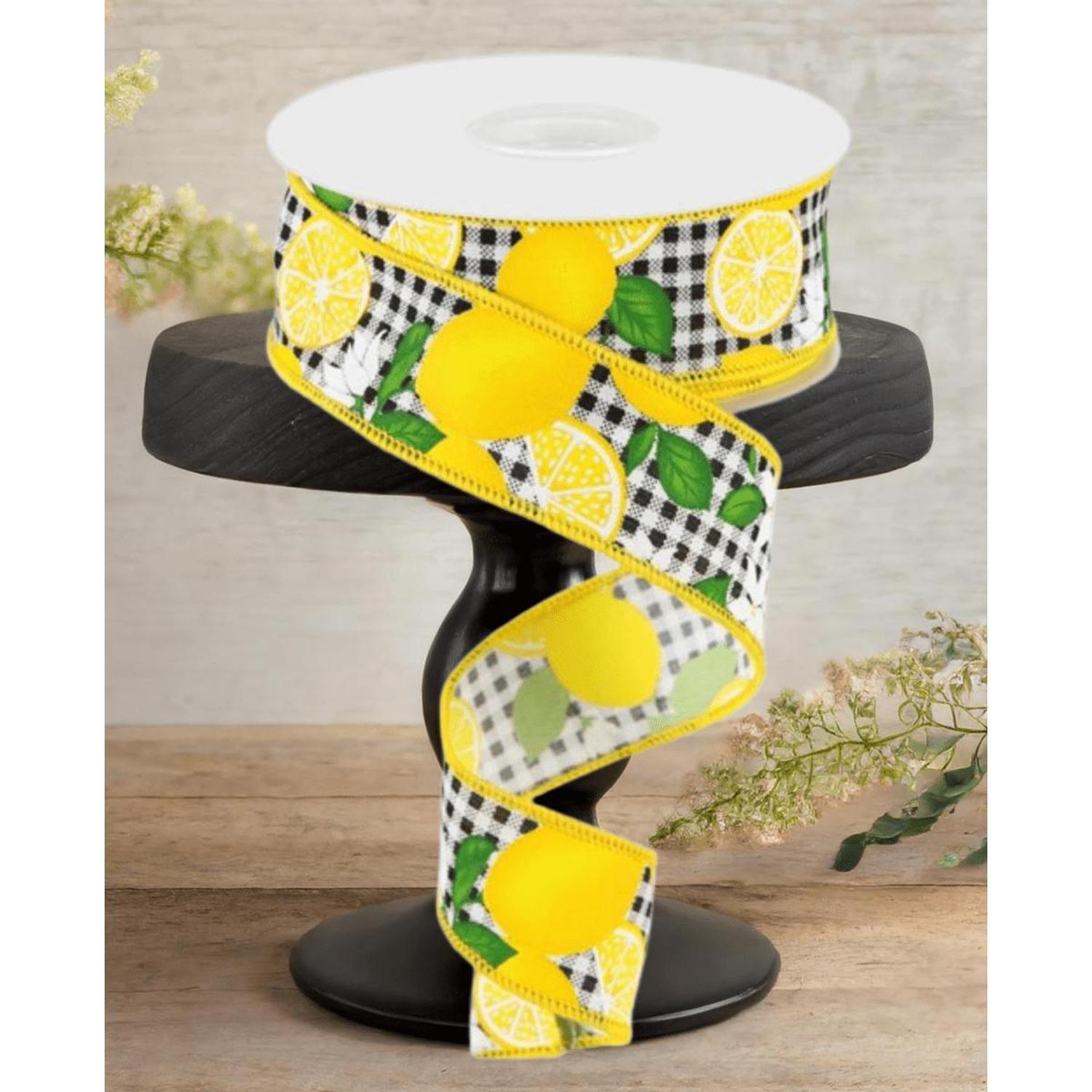 1.5" Lemon with Leaves Check Ribbon: Black & White (10 Yards)