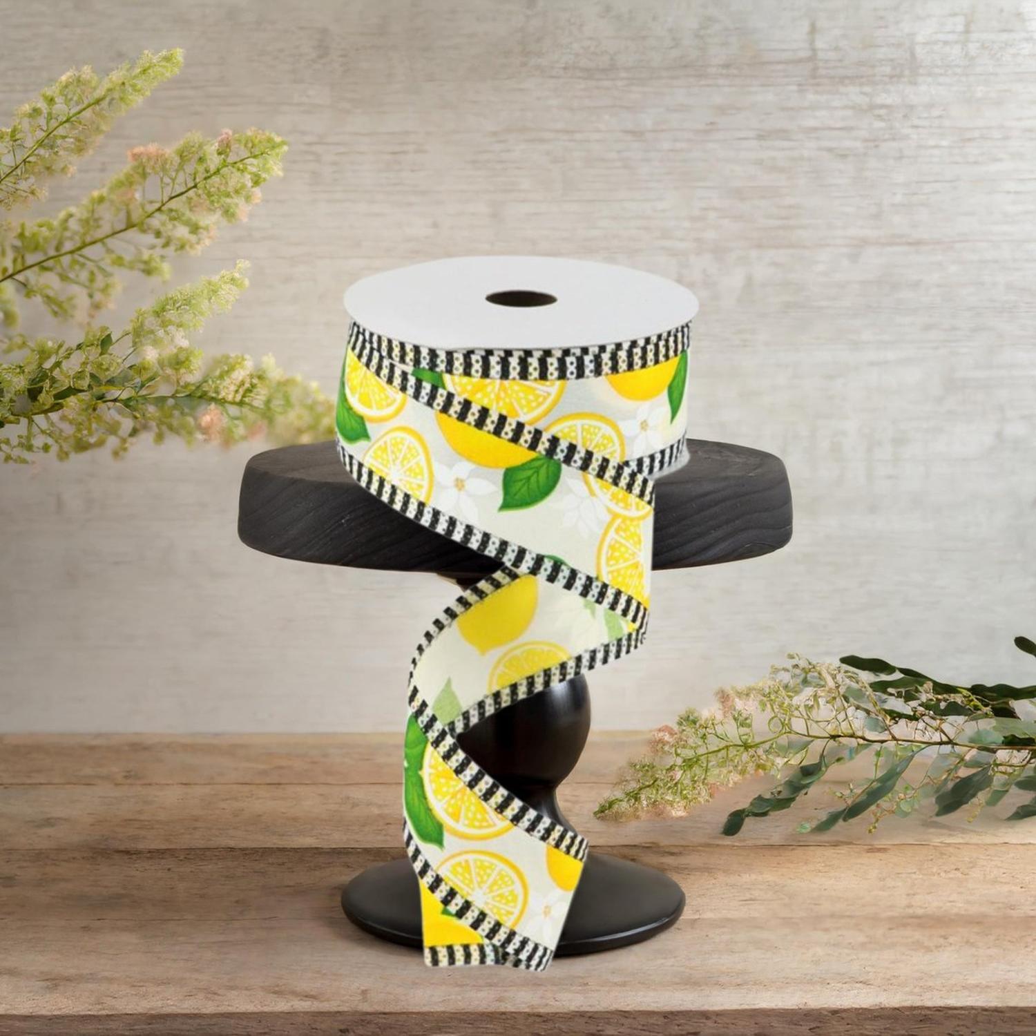 Shop For 1.5" Lemon with Leaves Thin Stripes Ribbon: Cream (10 Yards)