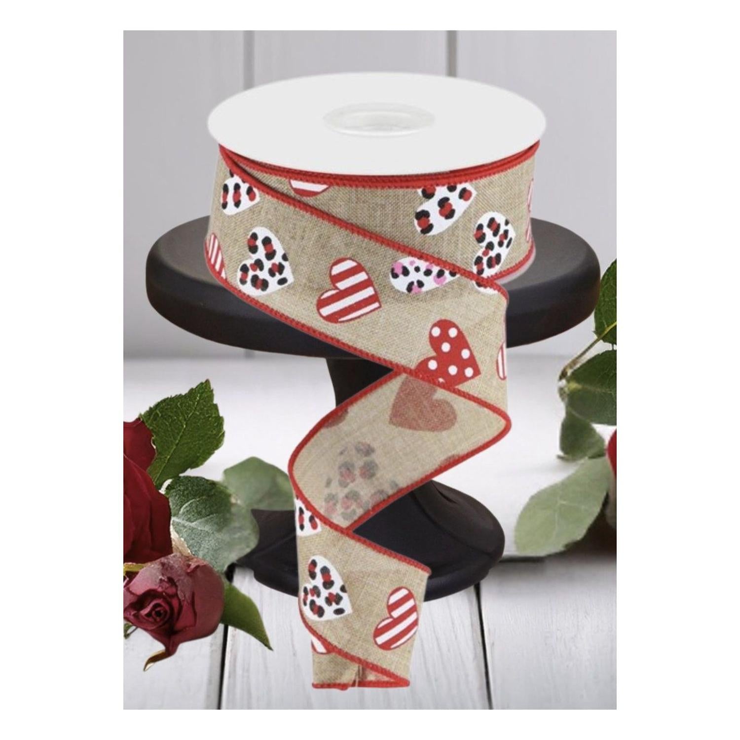 1.5" Leopard Hearts Ribbon: Light Beige (10 Yard)