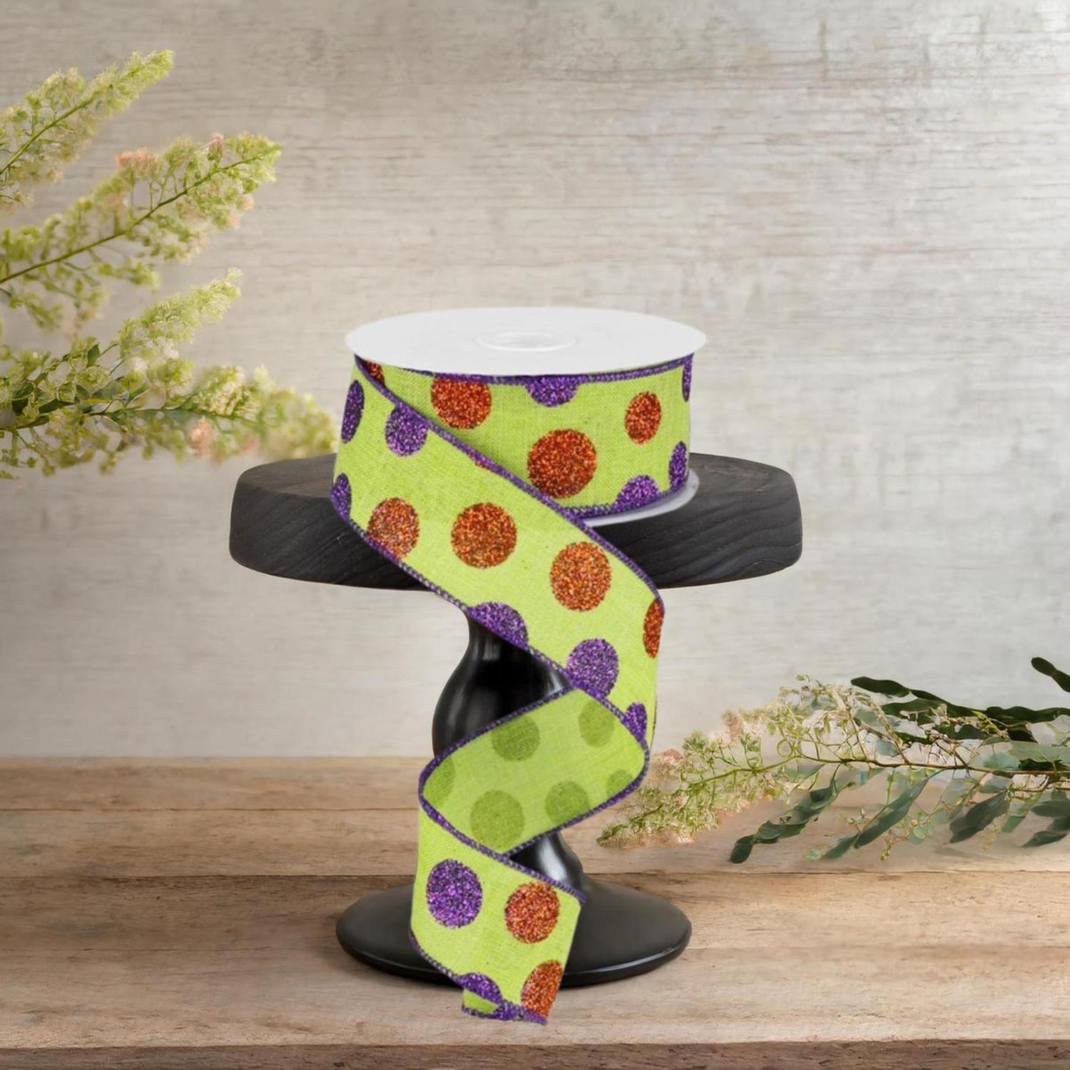 Shop For 1.5" Lime Green Ribbon with Multi Glitter Dots
