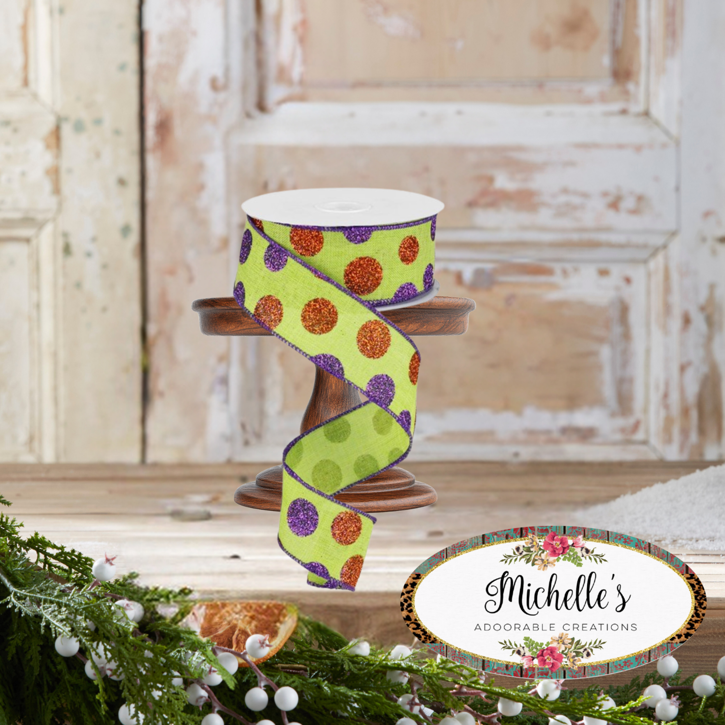 Shop For 1.5" Lime Green Ribbon with Multi Glitter Dots