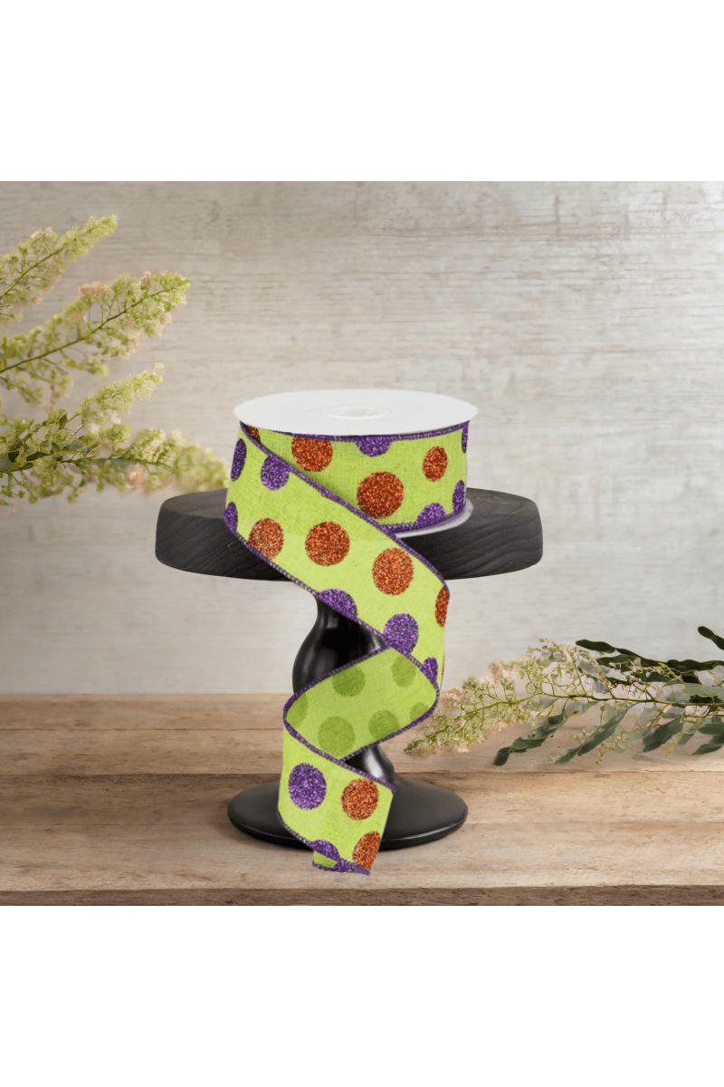Shop For 1.5" Lime Green Ribbon with Multi Glitter Dots