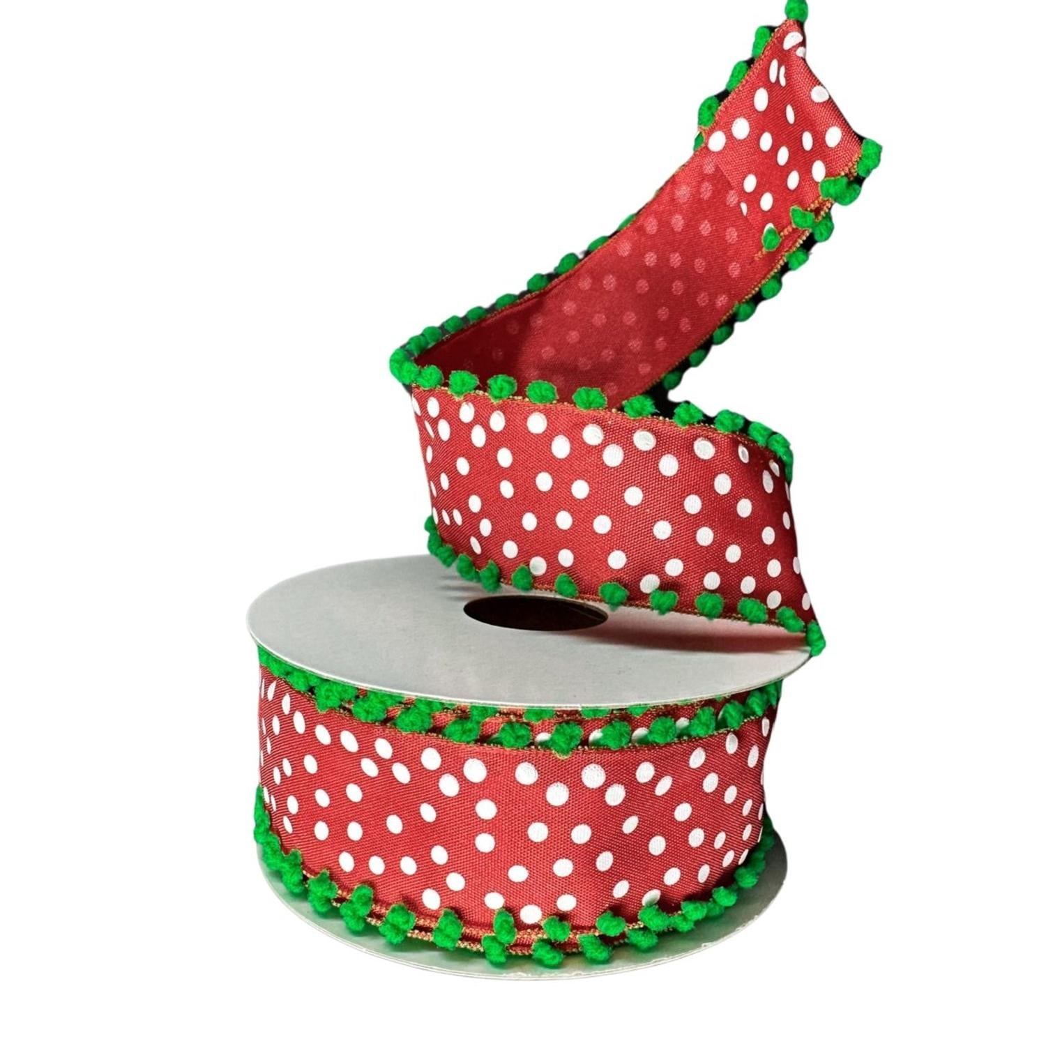 1.5" Linen Dots Pom Pom Ribbon: Red/Green (10 Yards)