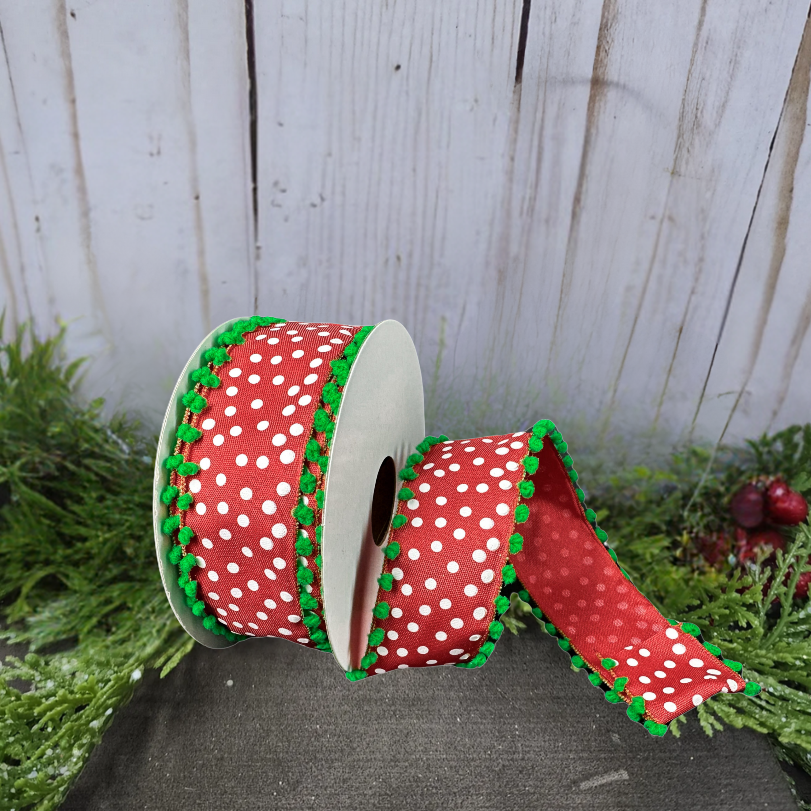 Shop For 1.5" Linen Dots Pom Pom Ribbon: Red/Green (10 Yards)