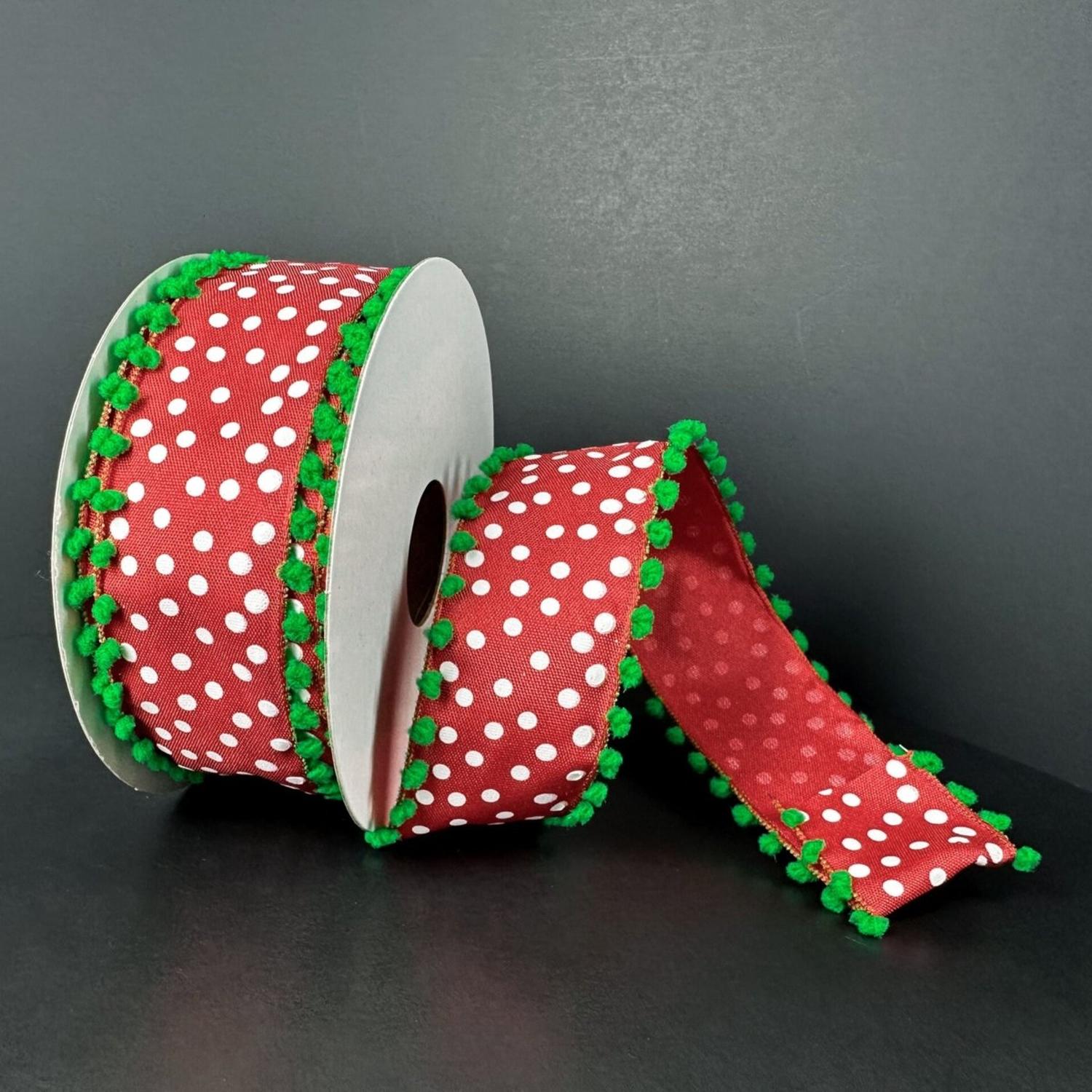 1.5" Linen Dots Pom Pom Ribbon: Red/Green (10 Yards)