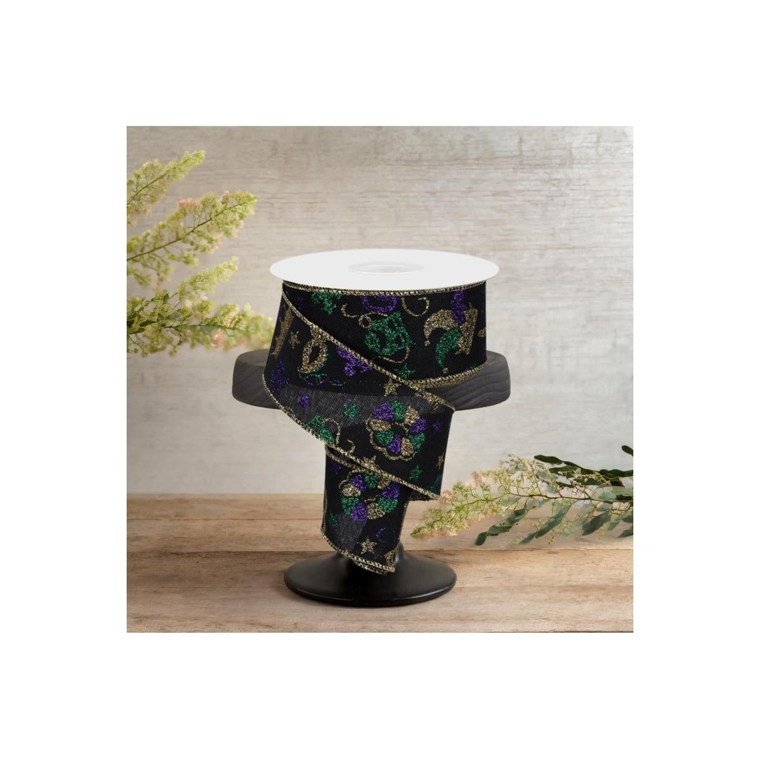 1.5" Mardi Gras Pattern Ribbon: Black (10 Yards)