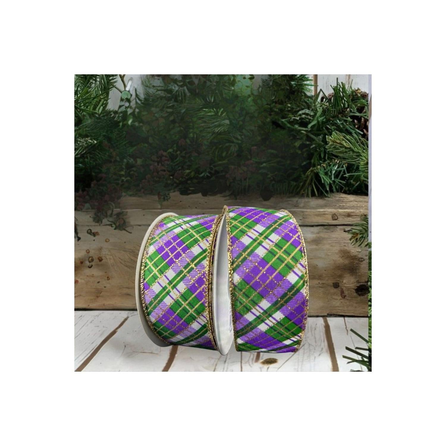 1.5" Mardi Gras Plaid Ribbon: Purple, Gold, Green (10 Yards)