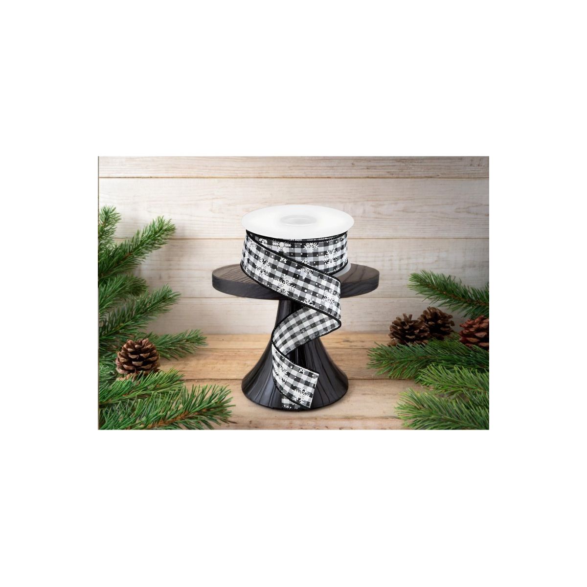 Shop For 1.5" Mini Snowflake on Gingham Ribbon: Black (10 Yards)