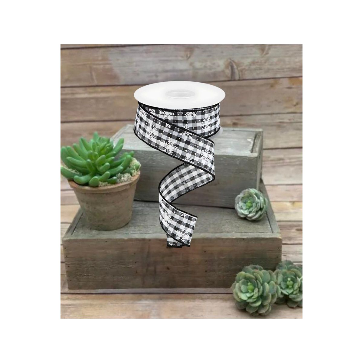 Shop For 1.5" Mini Snowflake on Gingham Ribbon: Black (10 Yards)
